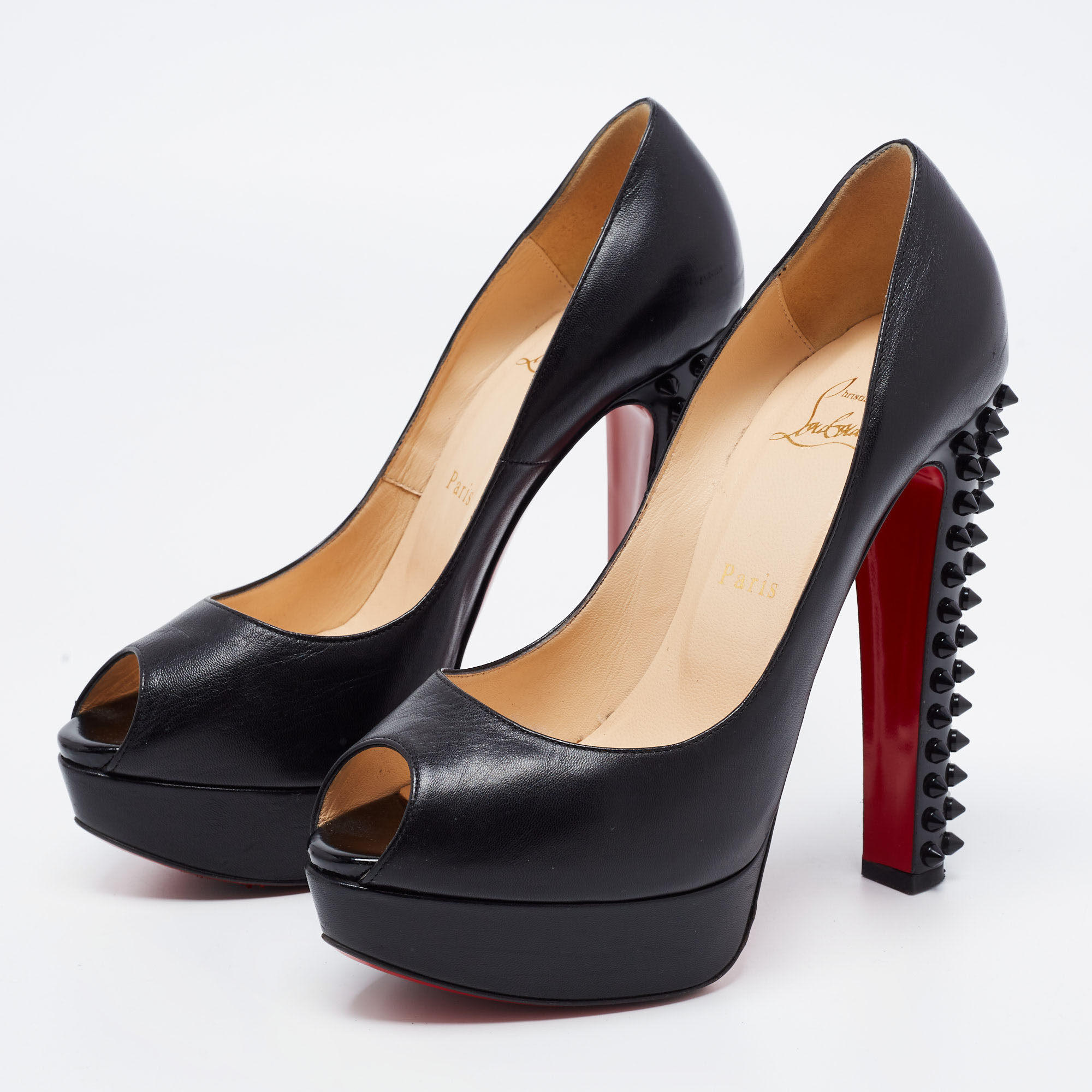 

Christian Louboutin Black Leather Babel Clou Peep Toe Pumps Size