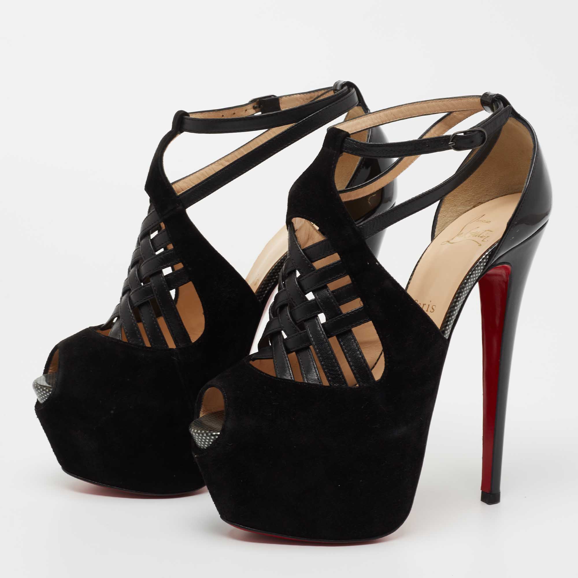 

Christian Louboutin Black Suede and Patent Leather Carlota Ankle Strap Sandals Size