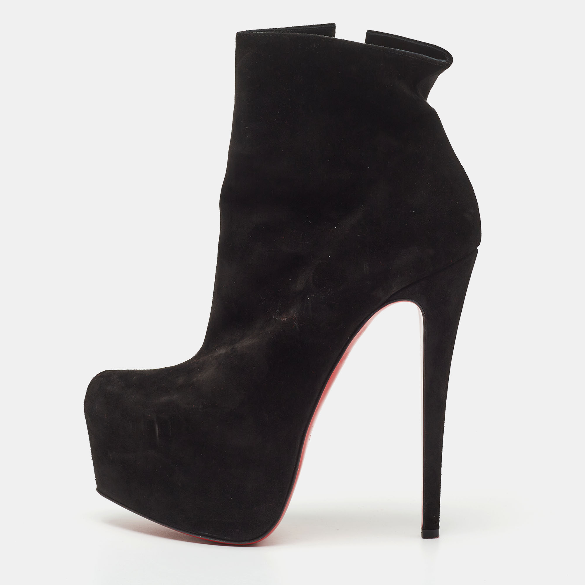 Pre-owned Christian Louboutin Black Suede Platform Ankle Length Boots Size 38