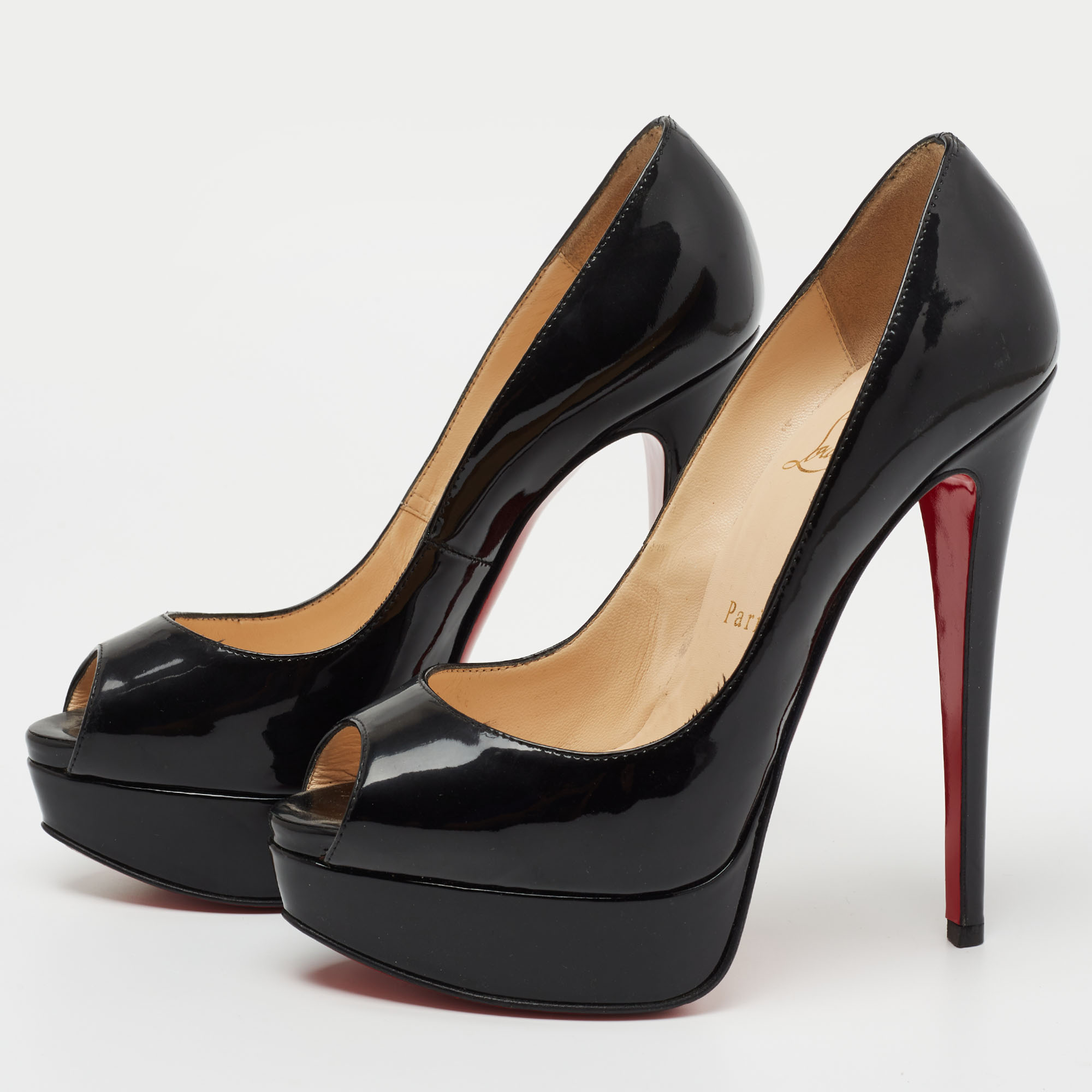 

Christian Louboutin Black Patent Leather Very Prive Peep Toe Platform Pumps Size