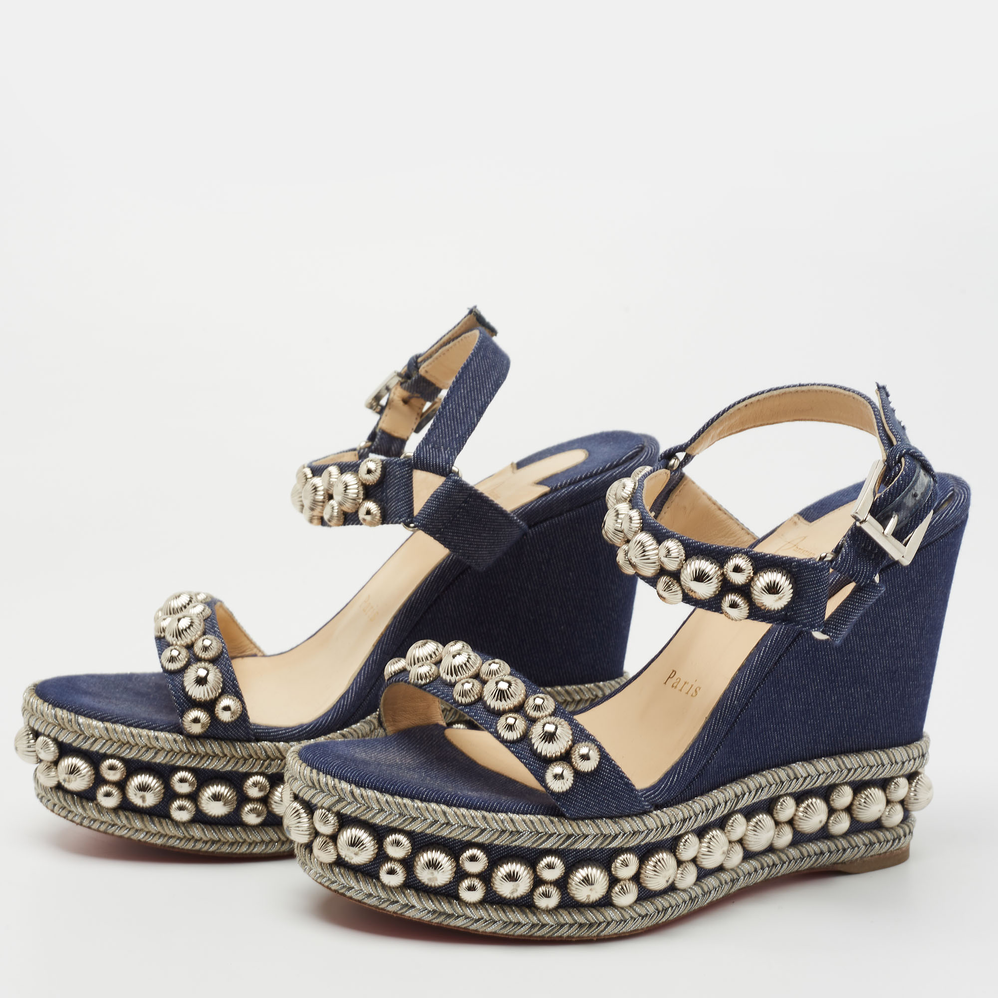 

Christian Louboutin Navy Blue Denim Rondaclou Wedge Sandals Size