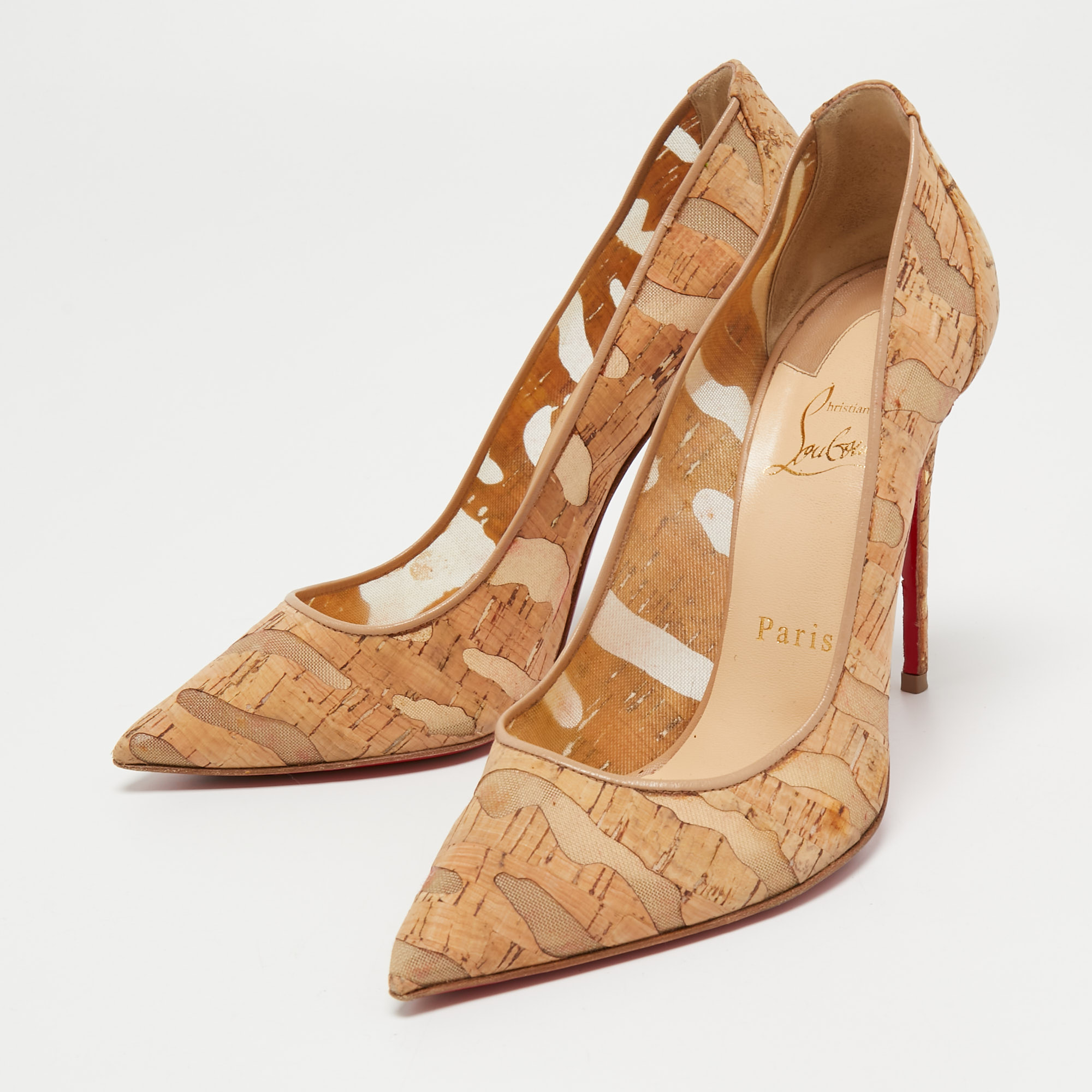 

Christian Louboutin Tan Cork and Mesh Pigalle Follies Cork Devore Pumps Size