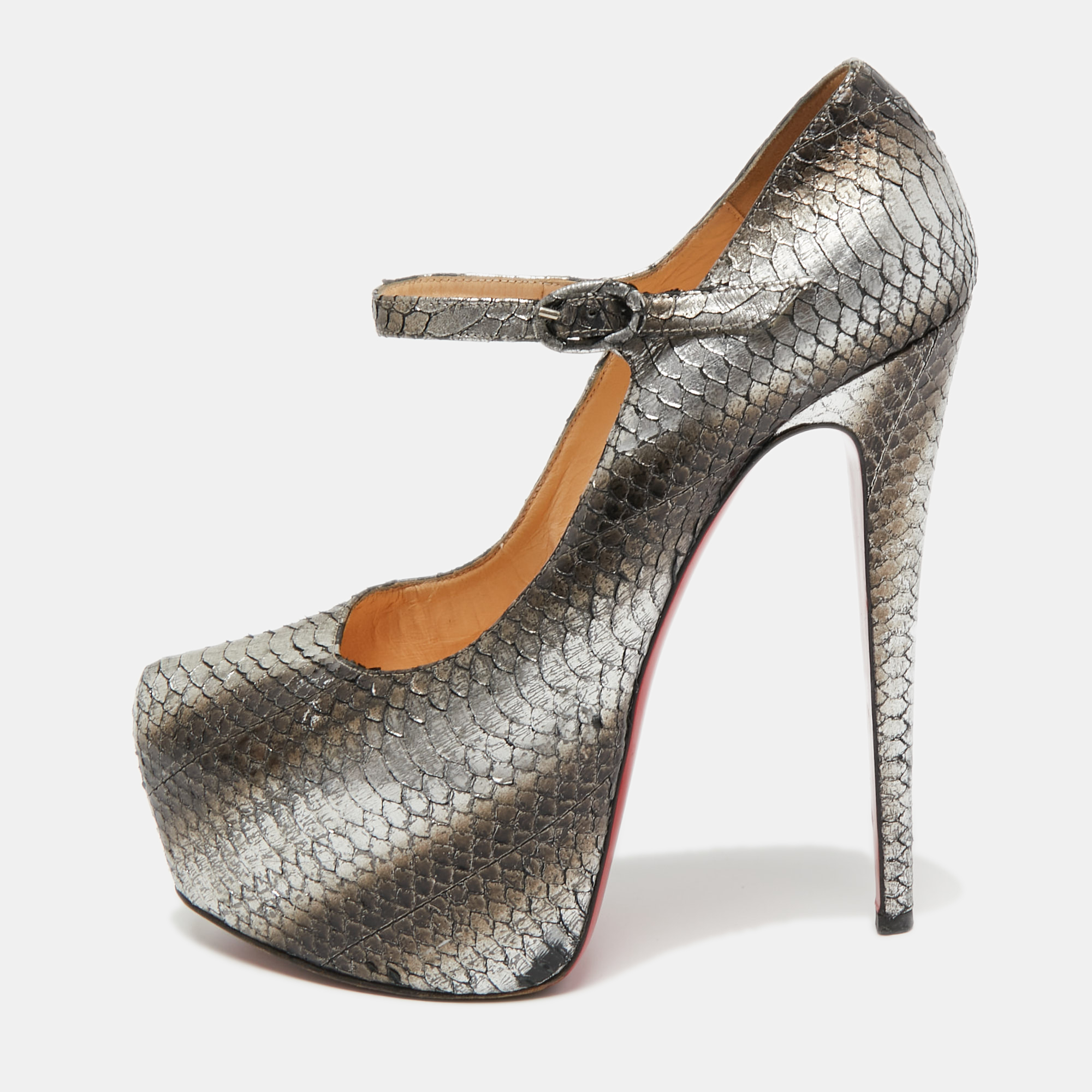 Pre-owned Christian Louboutin Two Tone Python Lady Daf Pumps Size 39.5 In Silver