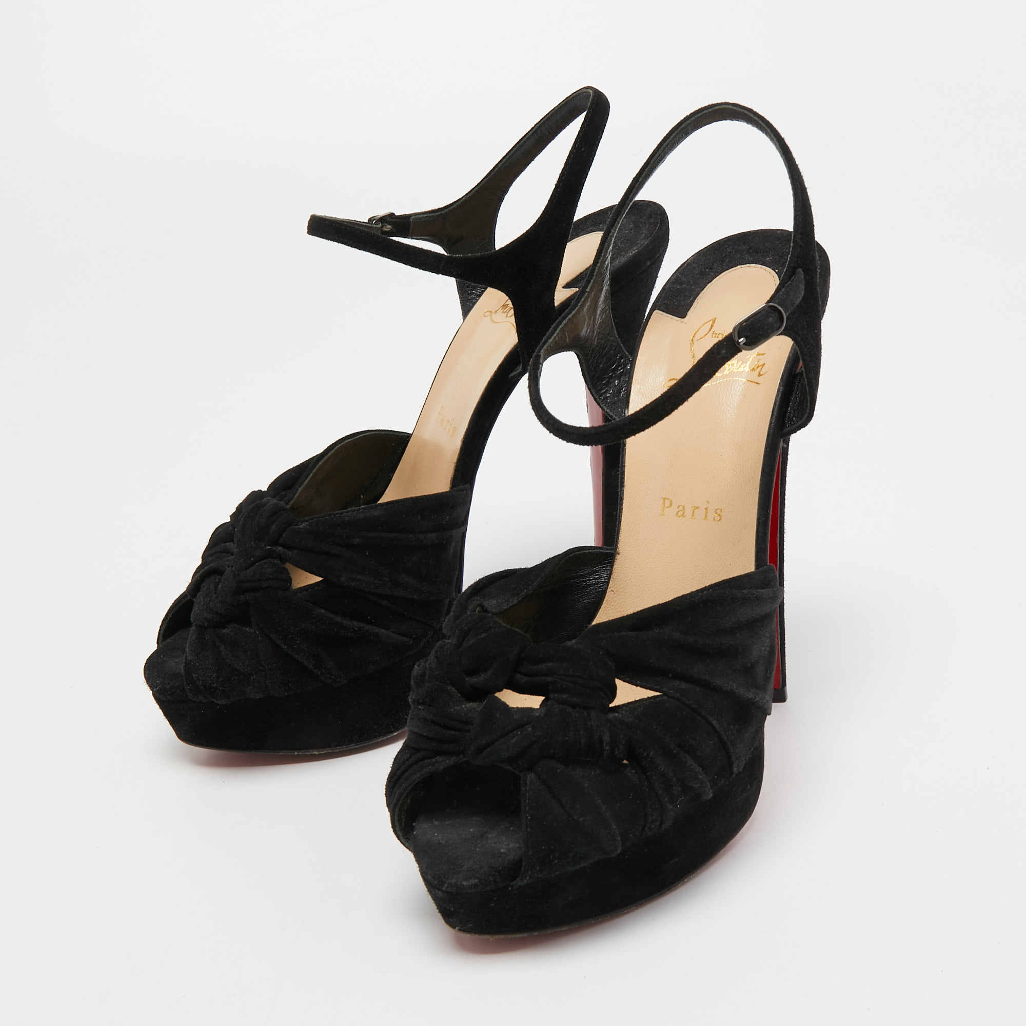 

Christian Louboutin Black Knotted Suede Loescadiva Ankle Strap Sandals Size