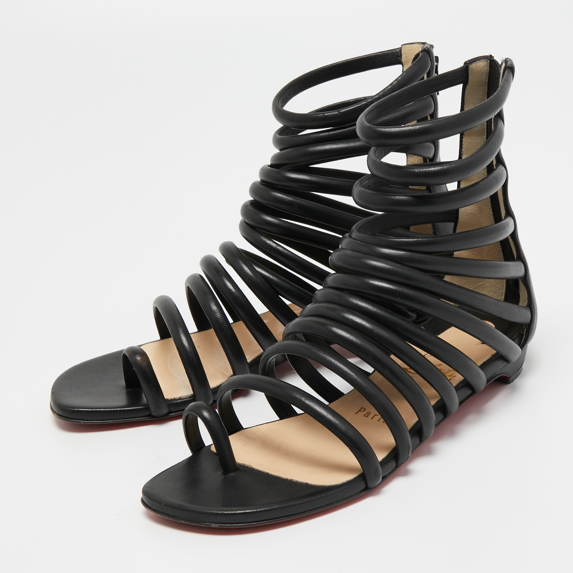 

Christian Louboutin Black Leather Catchetta Flat Sandals Size