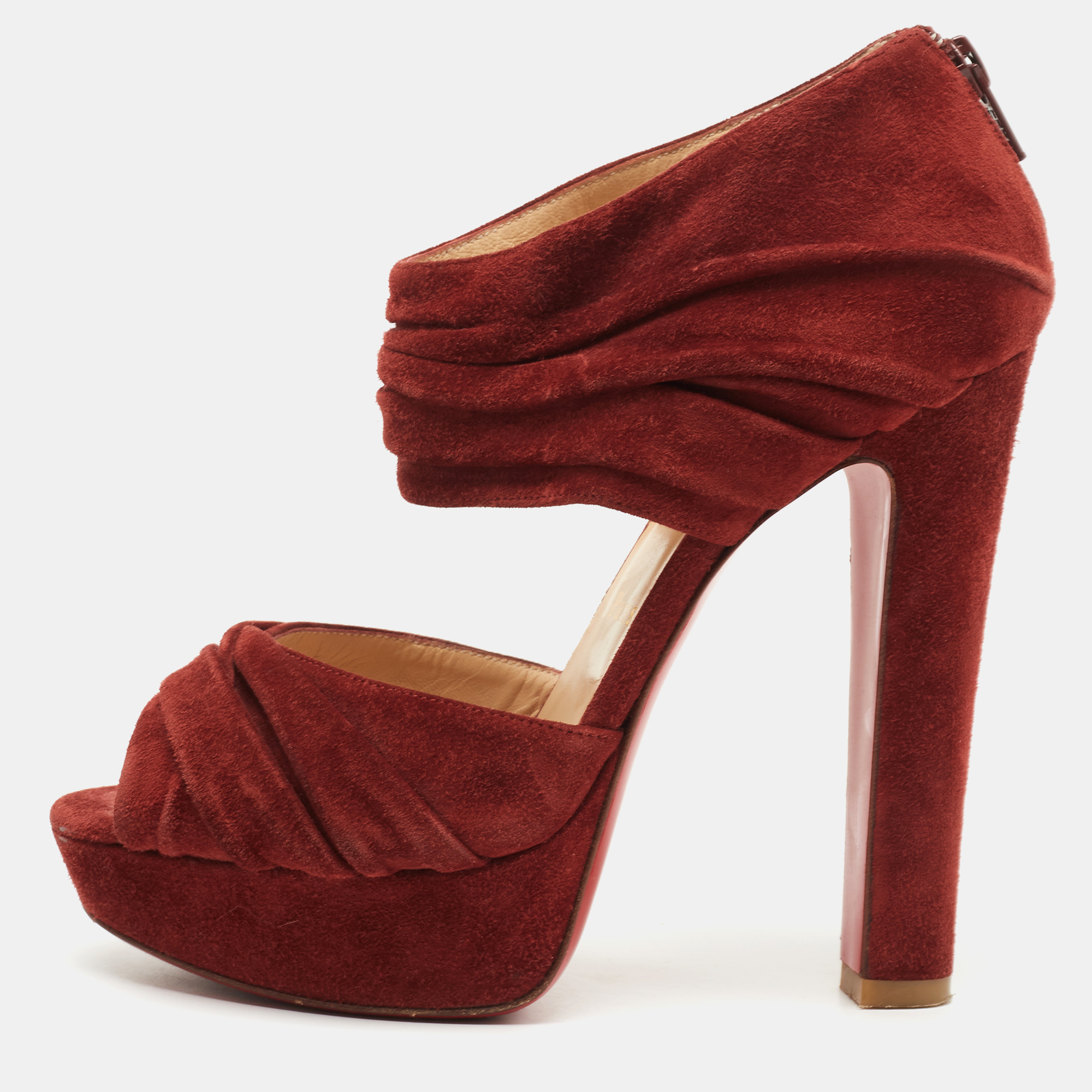 Pre-owned Christian Louboutin Rust Red Suede Pleated Bandra Zip Platform Sandals Size 37