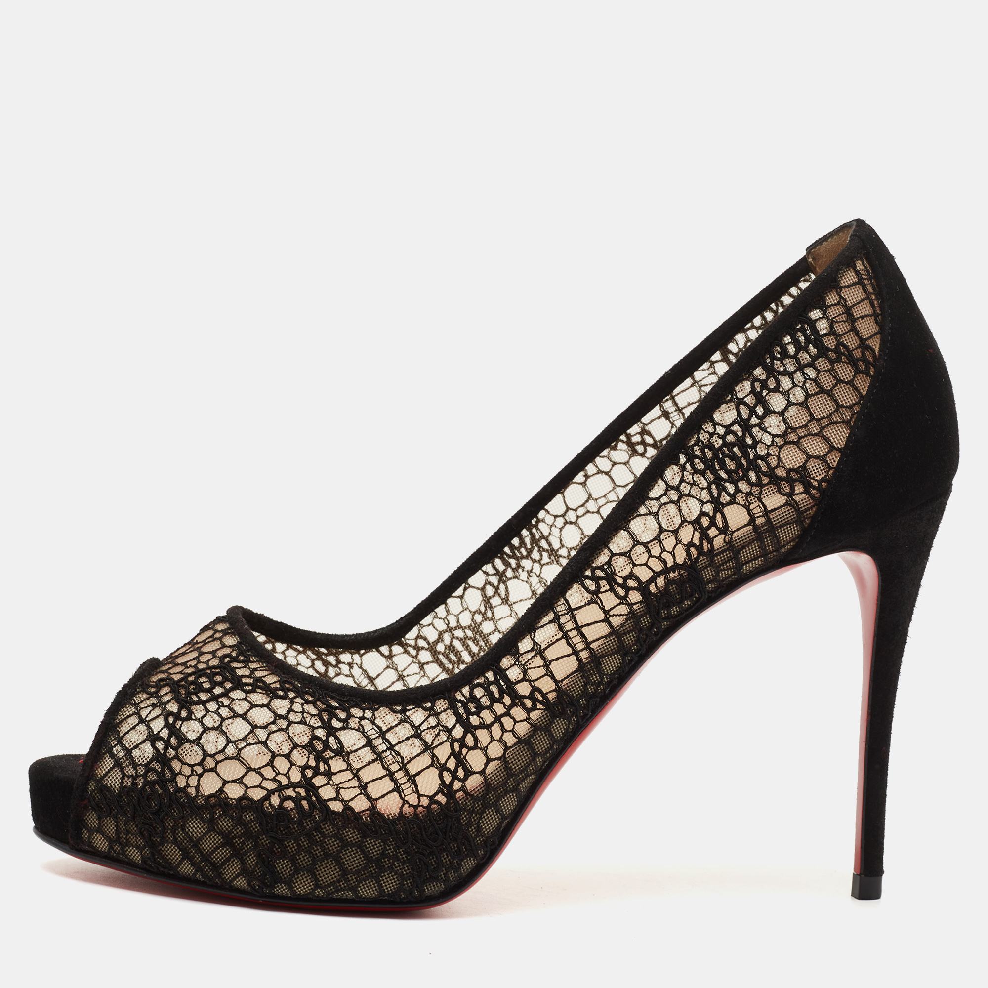 Pre-owned Christian Louboutin Black Lace And Suede Very Lace Peep Toe Pumps Size 36.5
