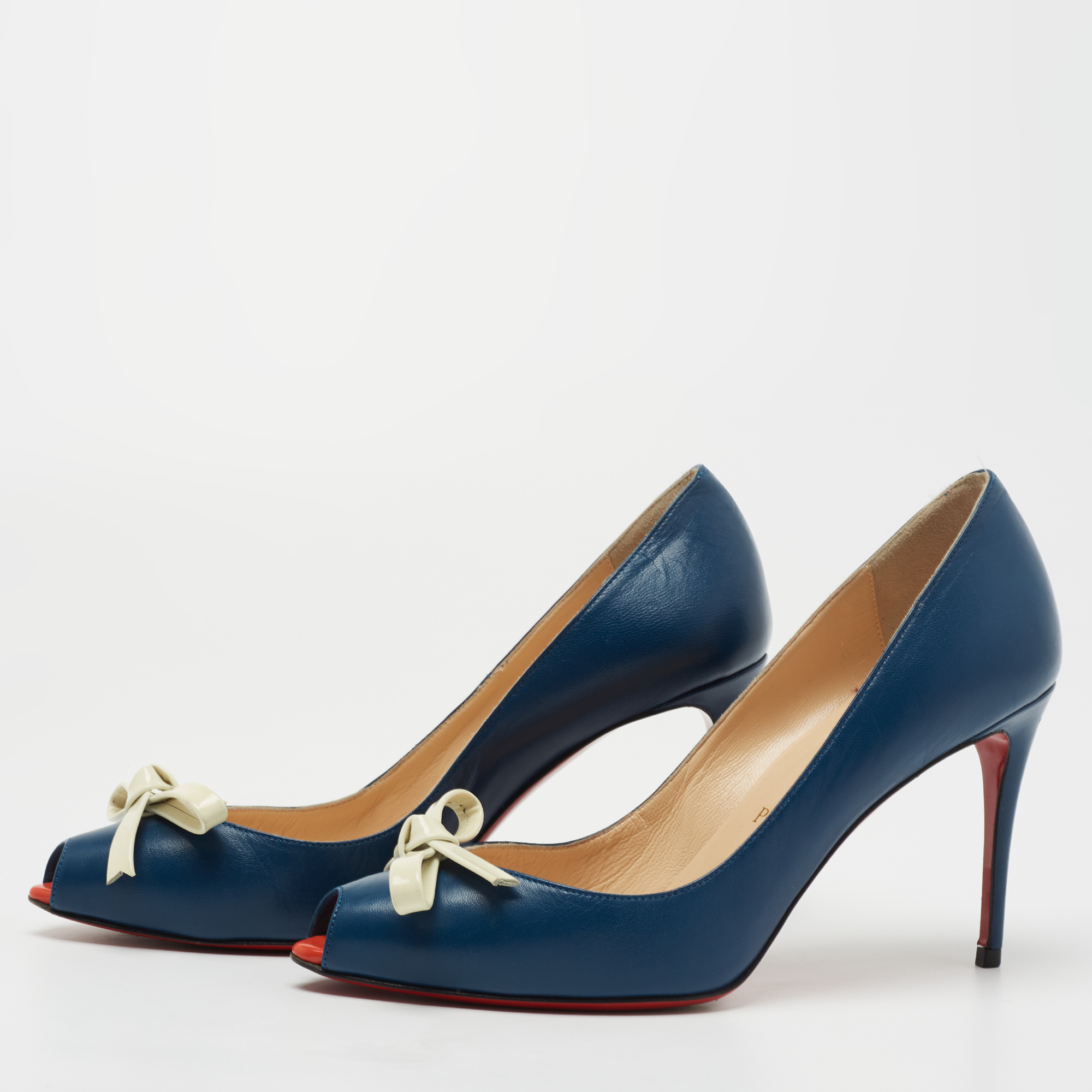 

Christian Louboutin Navy Blue Leather Tibunodo Bow Peep Toe Pumps Size