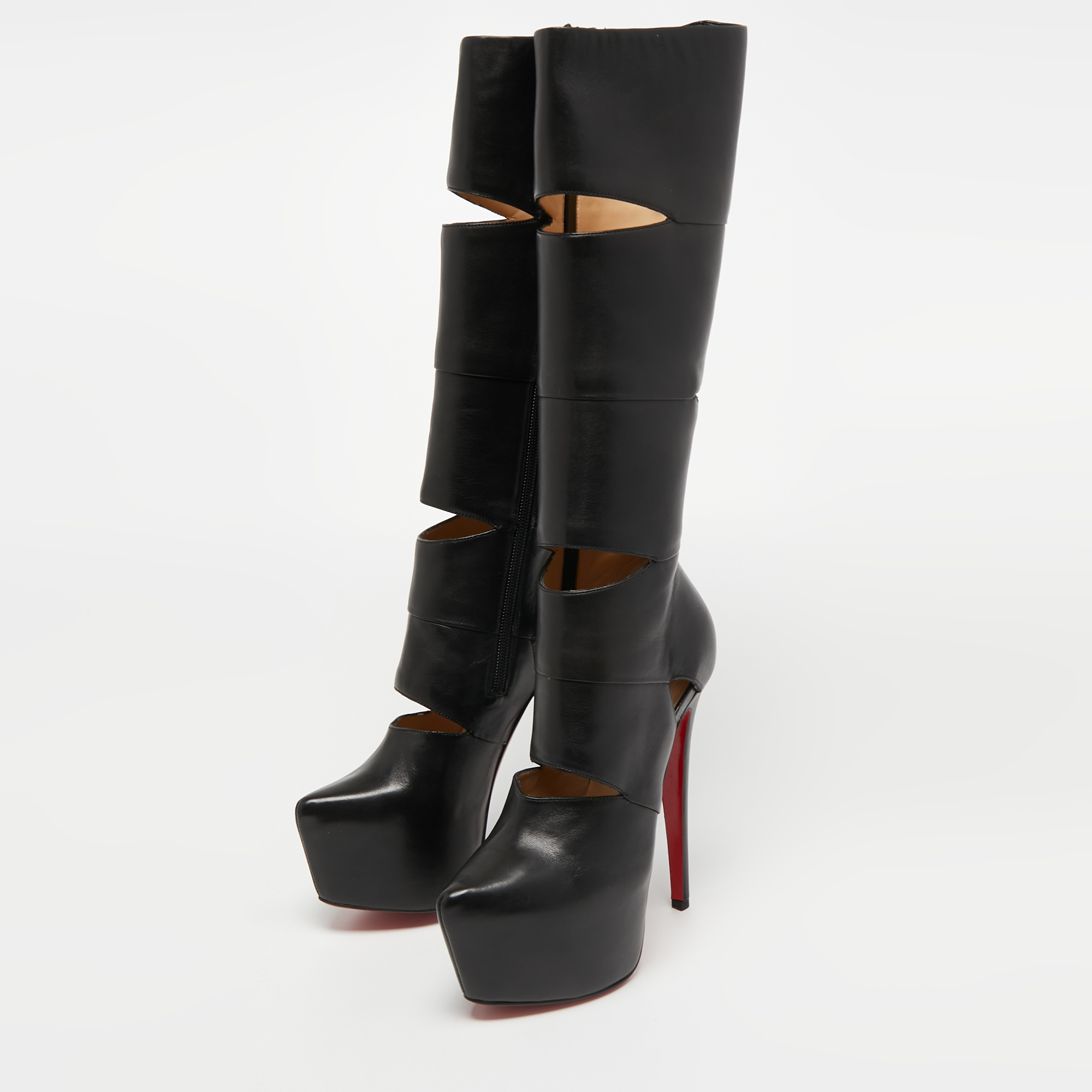 

Christian Louboutin Black Leather Bandita Platform Knee Length Boots Size