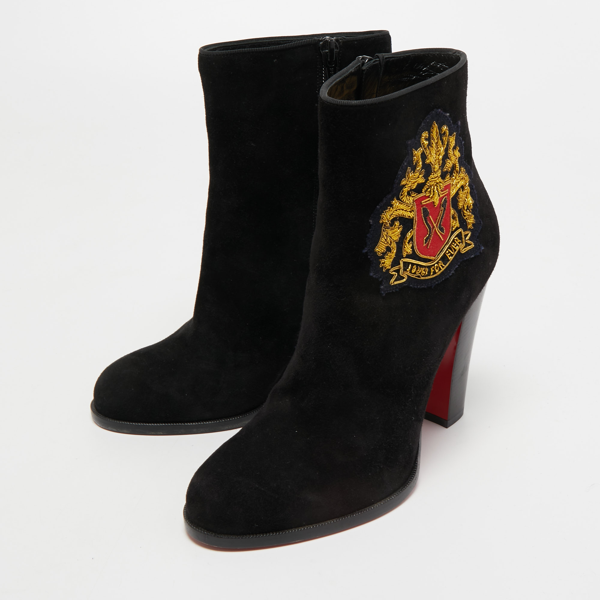 

Christian Louboutin Black Suede Embroidered Patch Ankle Boots Size