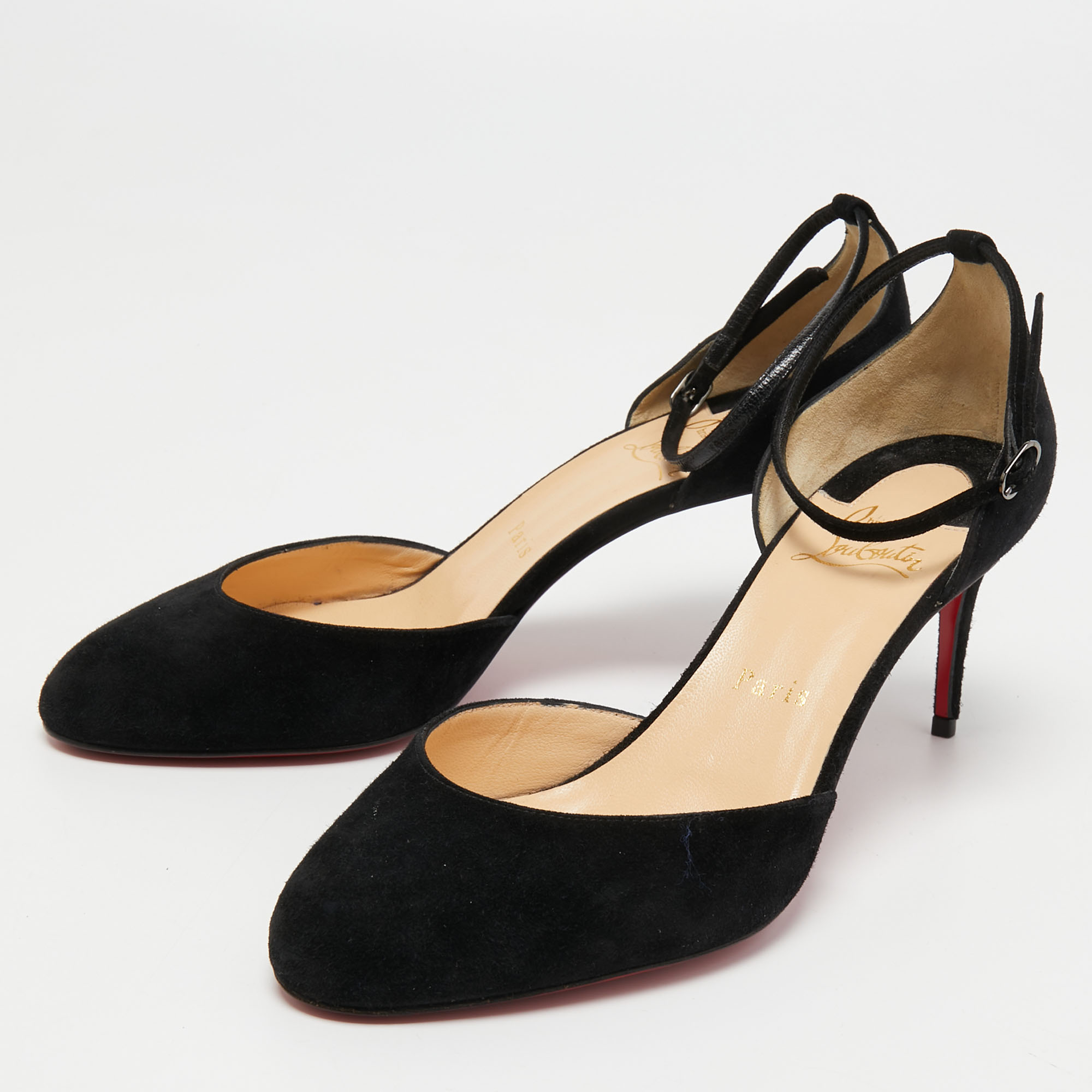 

Christian Louboutin Black Suede Round Toe Ankle Strap Pumps Size