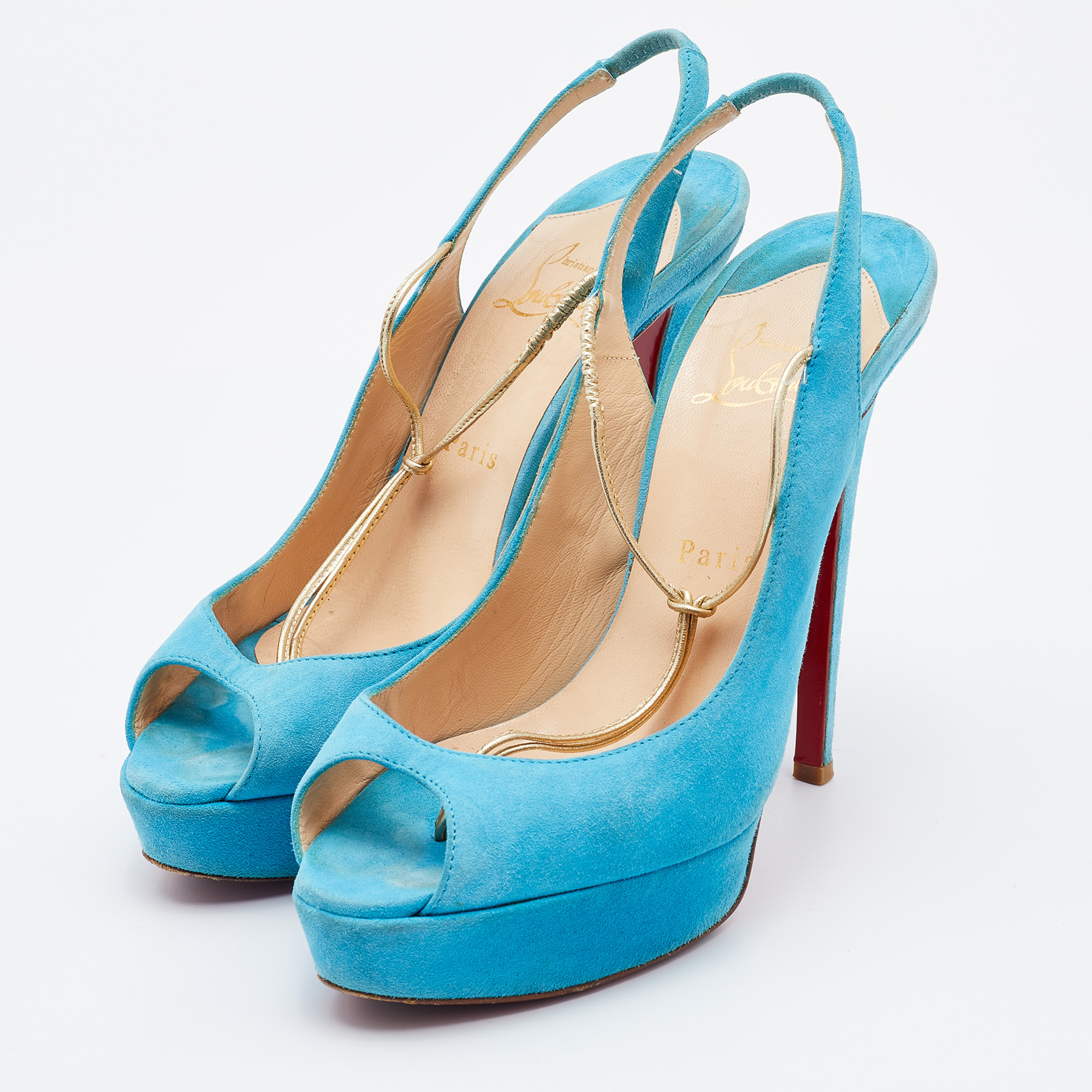 

Christian Louboutin Blue/Gold Suede Alta Spritney Platform Slingback Pumps Size