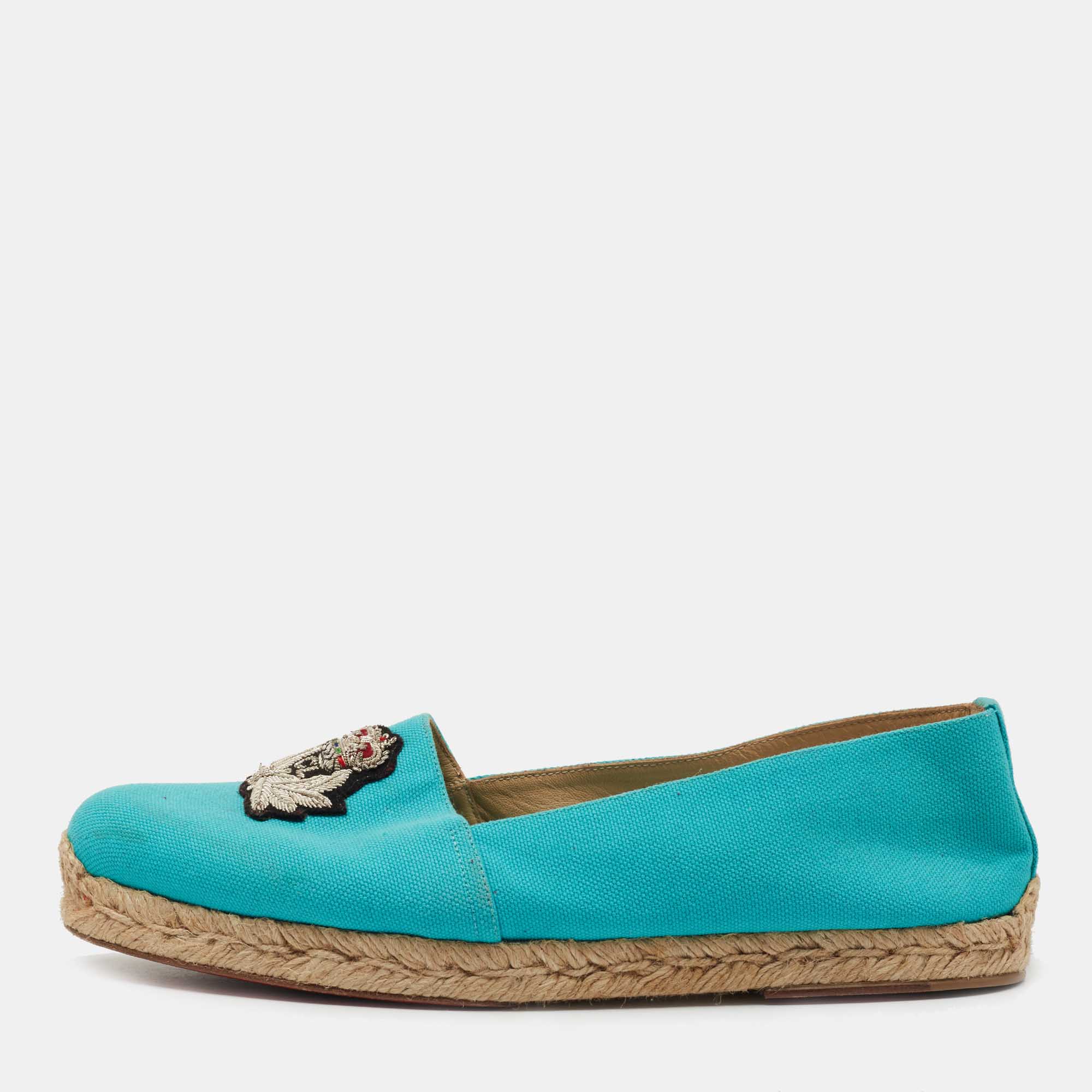 Pre-owned Christian Louboutin Aqua Blue Canvas Gala Embroidered Crest Espadrille Flats Size 40