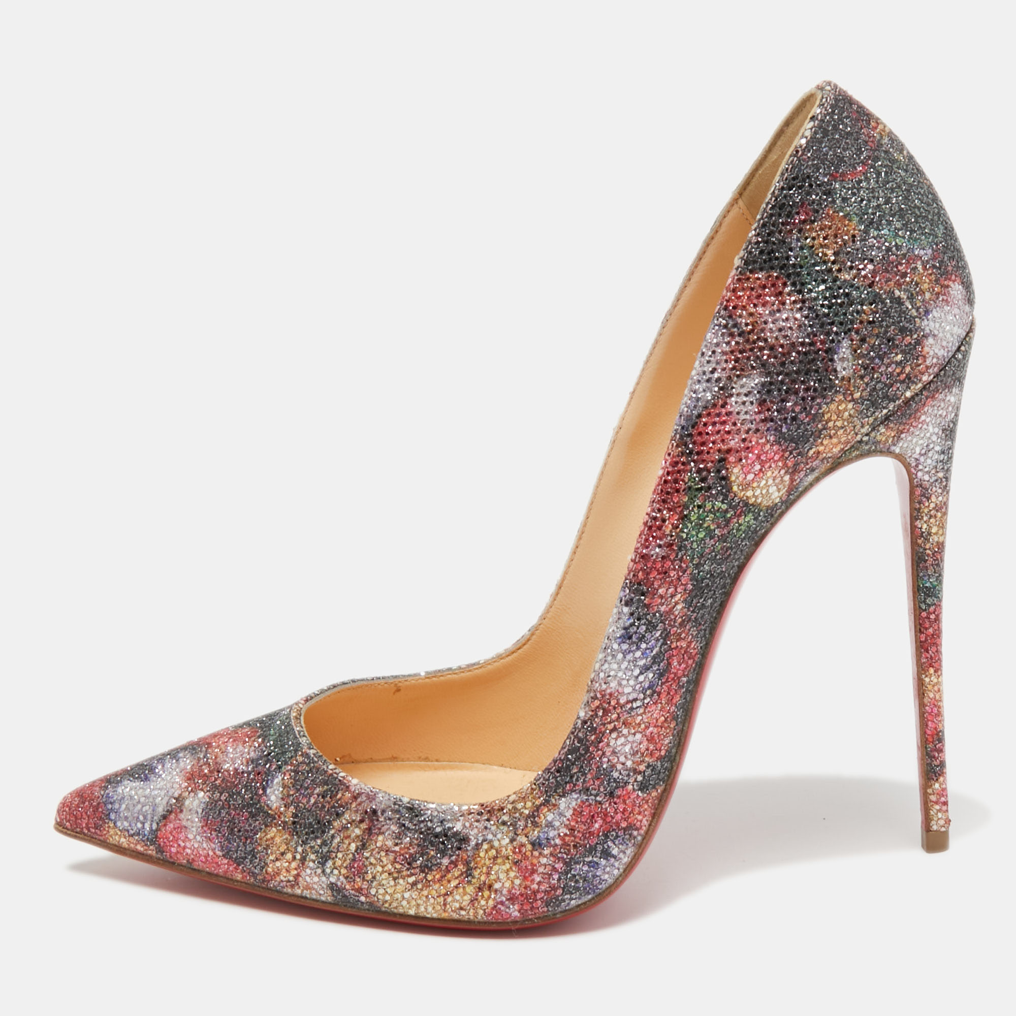 Christian Louboutin Multicolor Floral Print Coarse Glitter So Kate Pumps Size 39