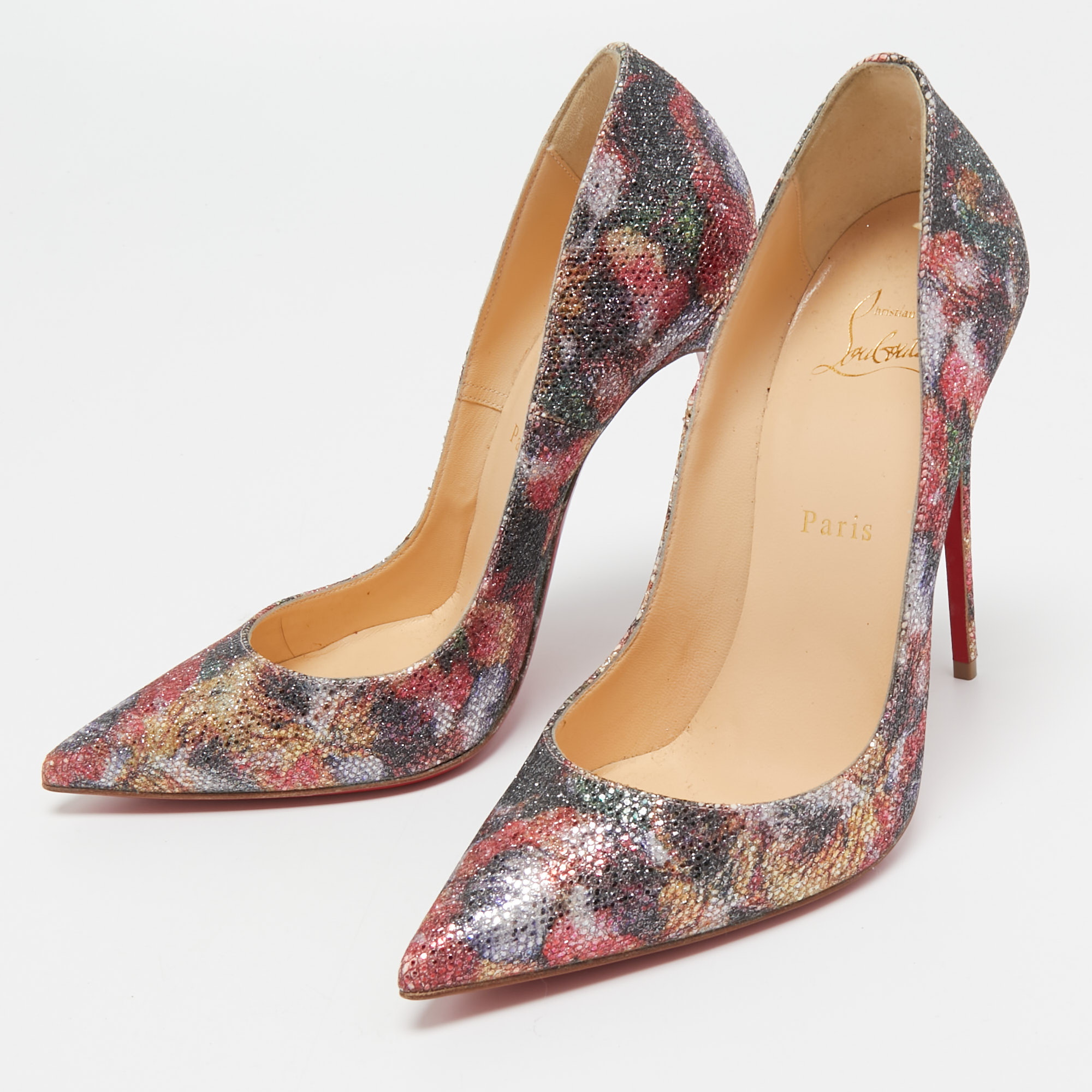 

Christian Louboutin Multicolor Floral Print Coarse Glitter So Kate Pumps Size