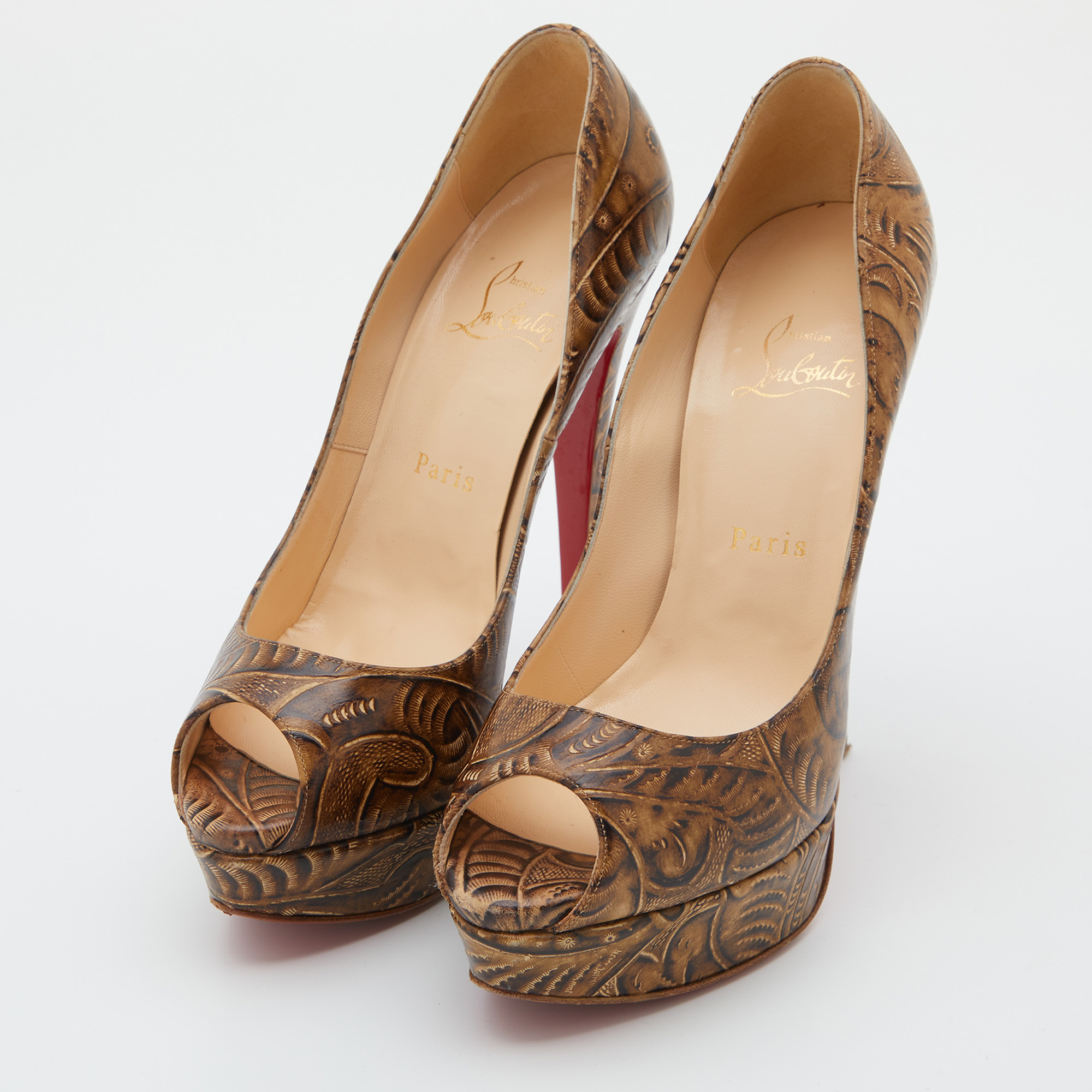 

Christian Louboutin Brown Santa Fe Leather Lady Peep Toe Platform Pumps Size