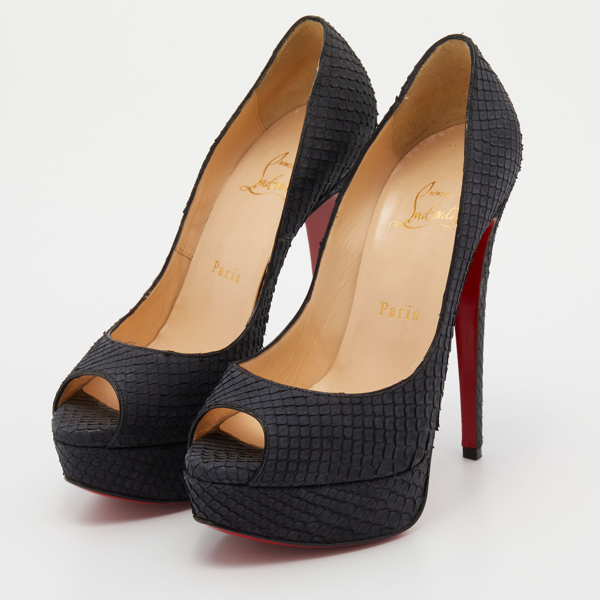 

Christian Louboutin Black Python Lady Peep Toe Platform Pumps Size