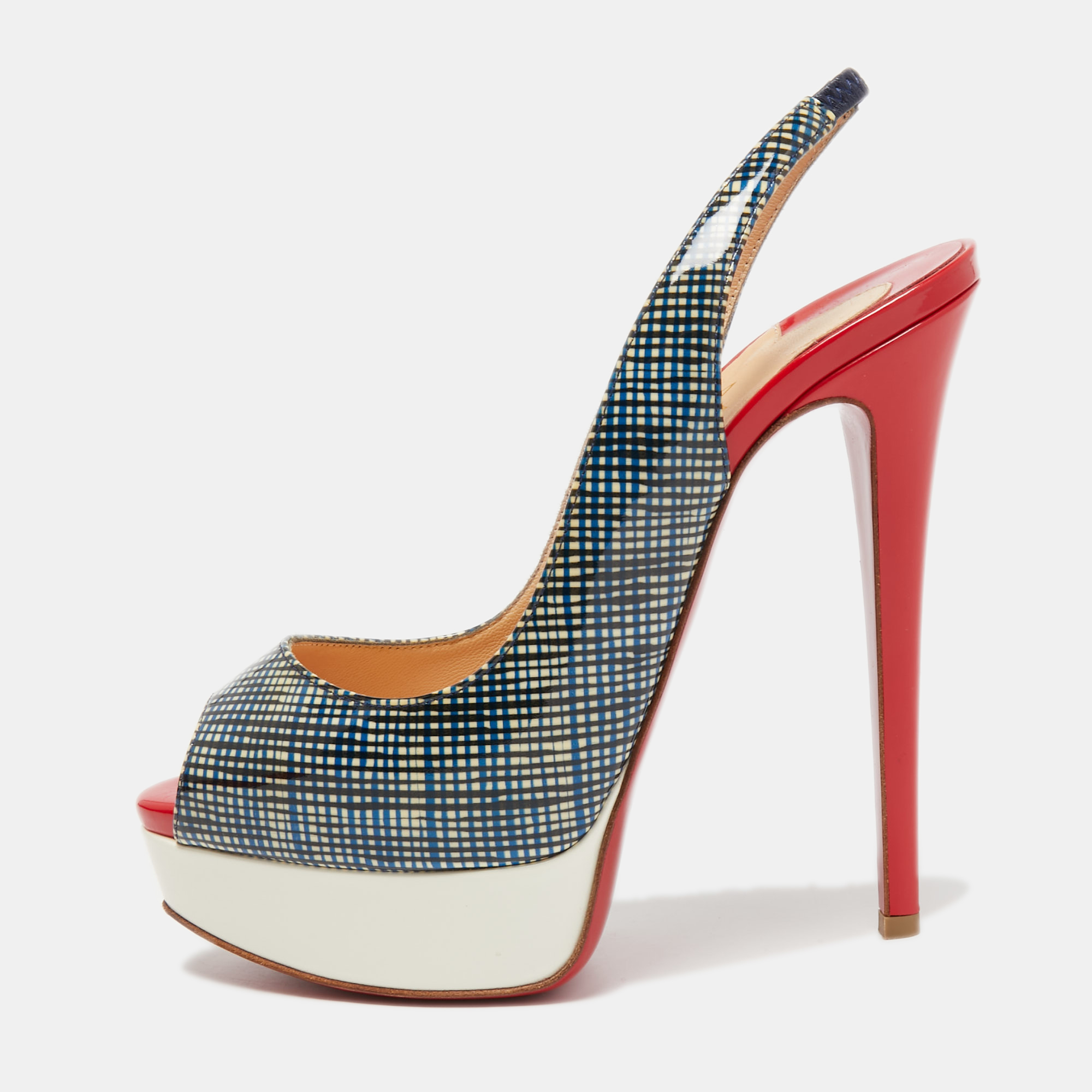Pre-owned Christian Louboutin Tricolor Printed Patent Leather Lady Peep Slingback Pumps Size 36.5 In Blue