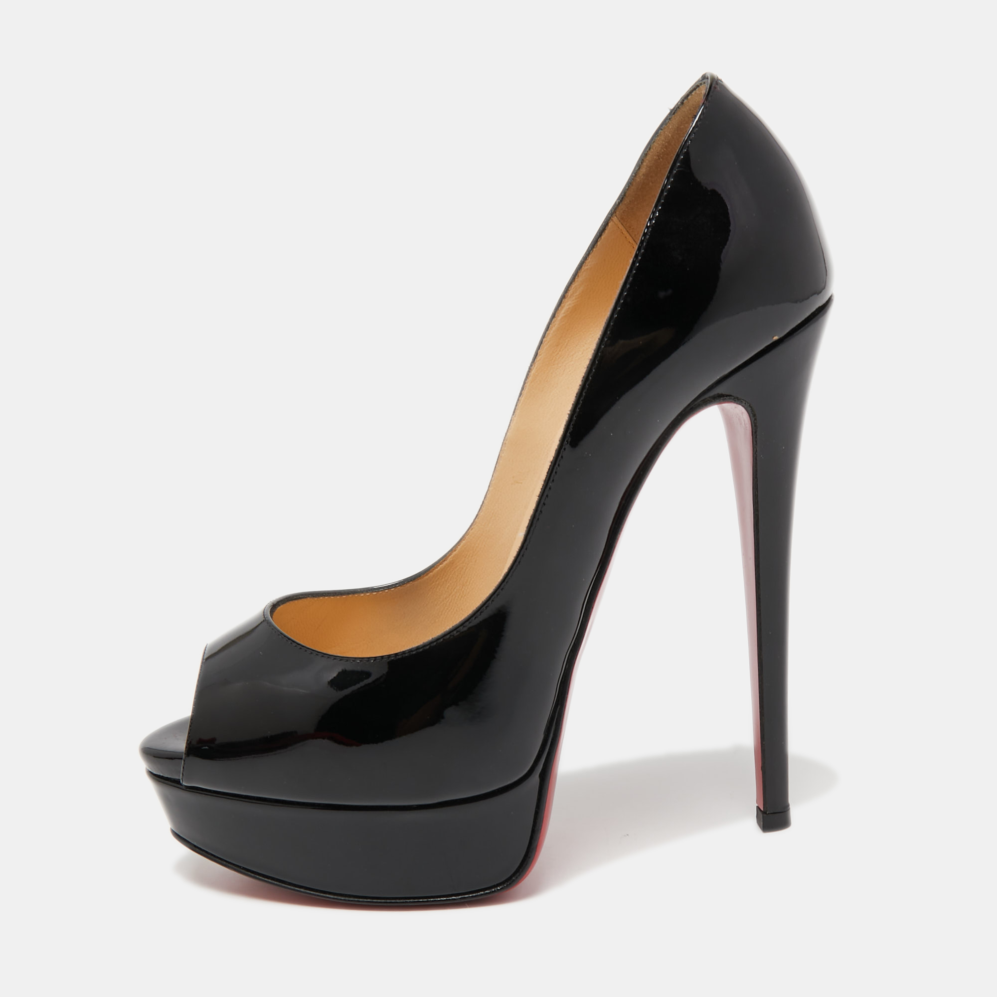 Pre-owned Christian Louboutin Black Patent Leather Lady Peep Pumps Size 36.5