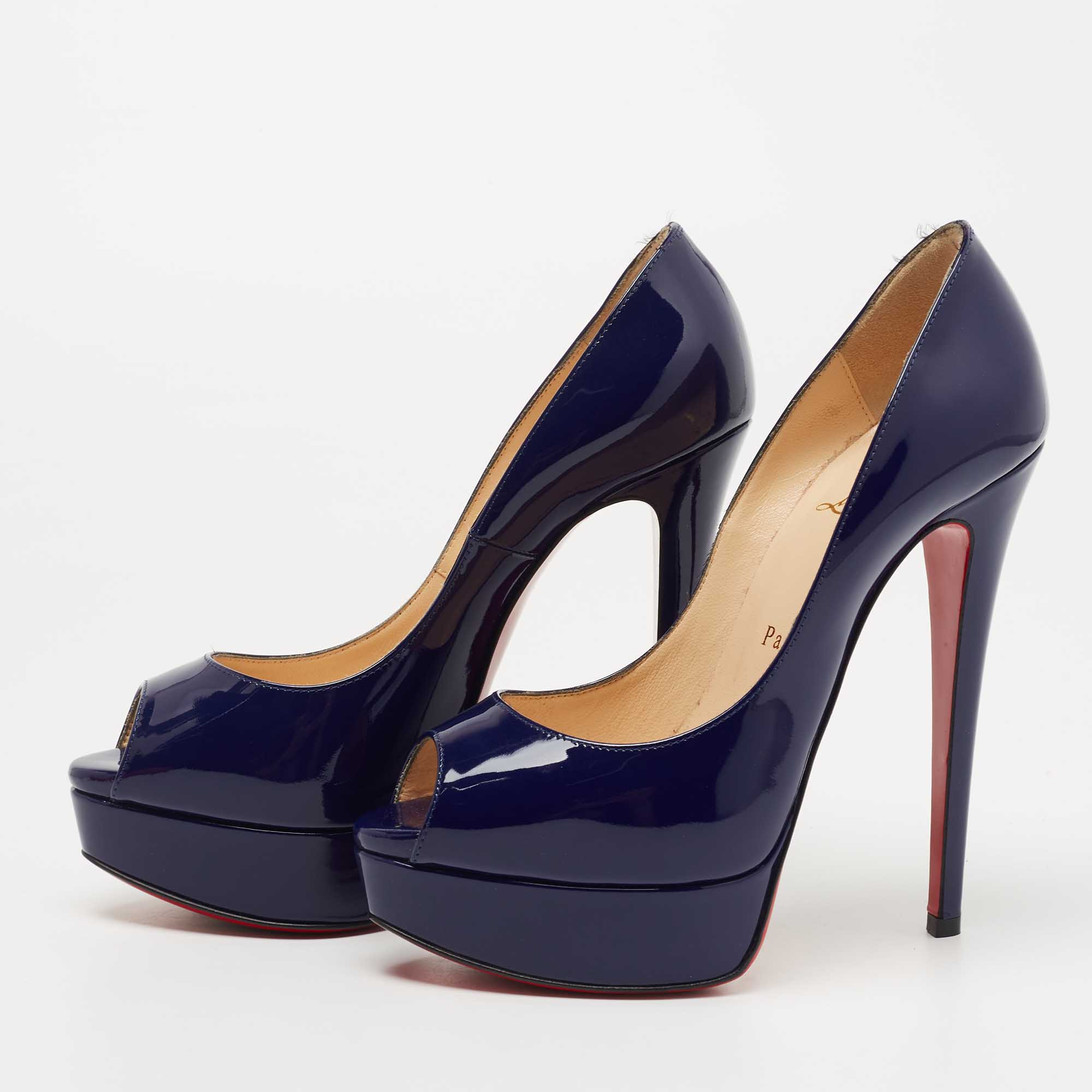 

Christian Louboutin Dark Blue Patent Leather Lady Peep Pumps Size