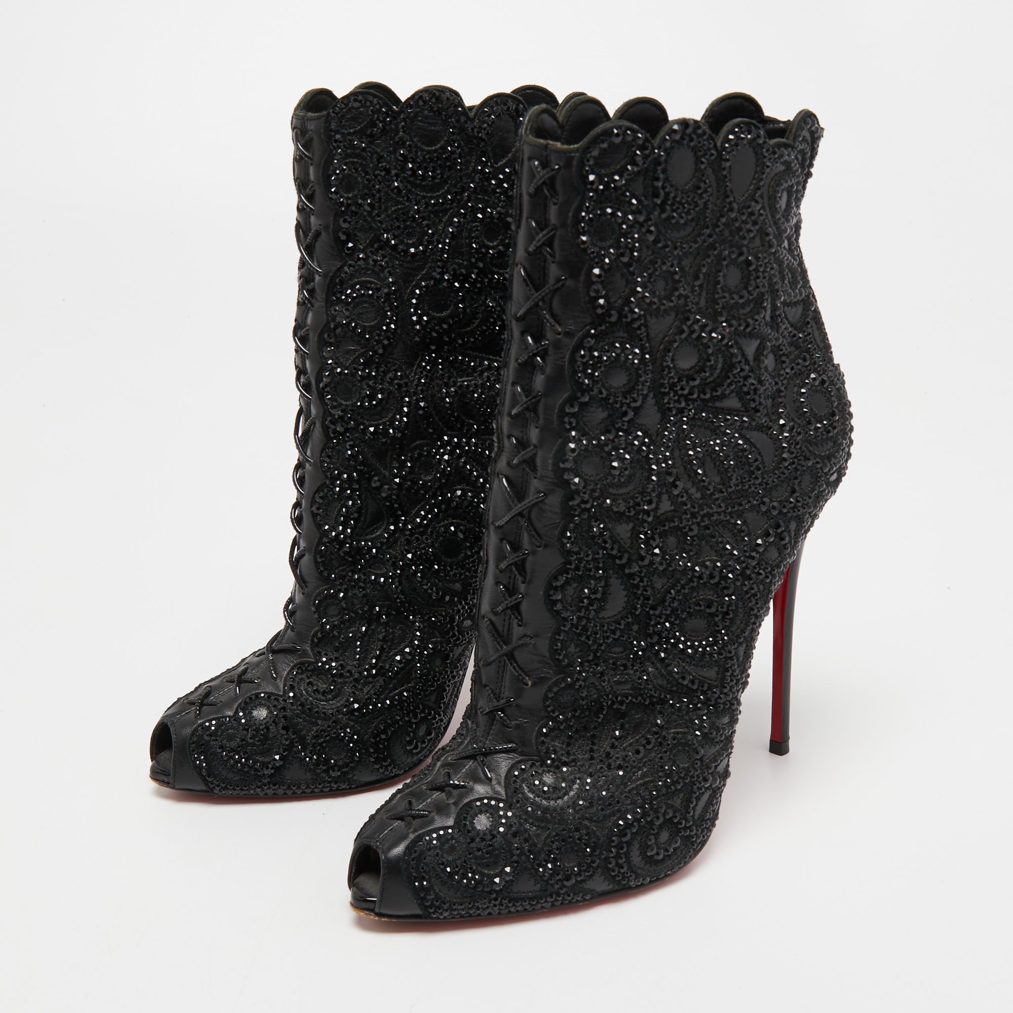 

Christian Louboutin Black Leather Crystal Embellishment Rihanini 120 Strass Ankle Boots Size