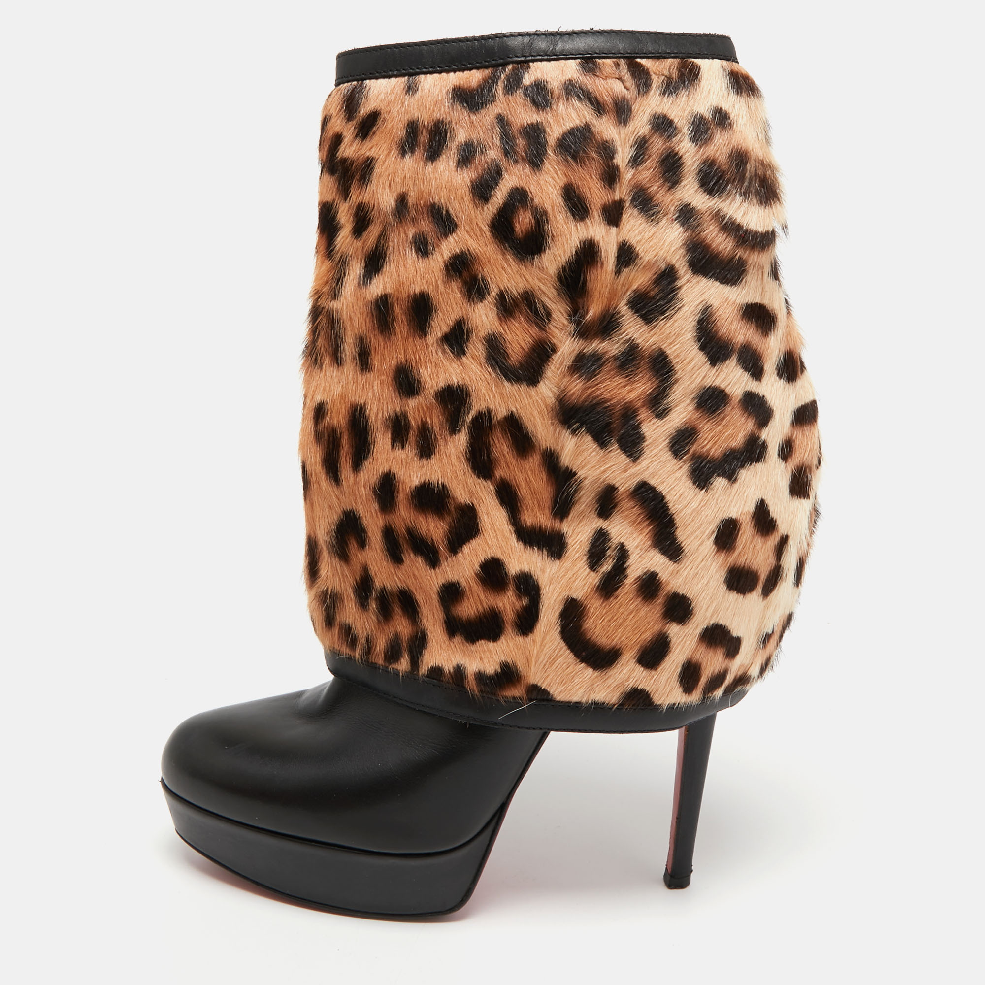 Pre-owned Christian Louboutin Black Leather And Calf Hair Leopard Boots Size 40