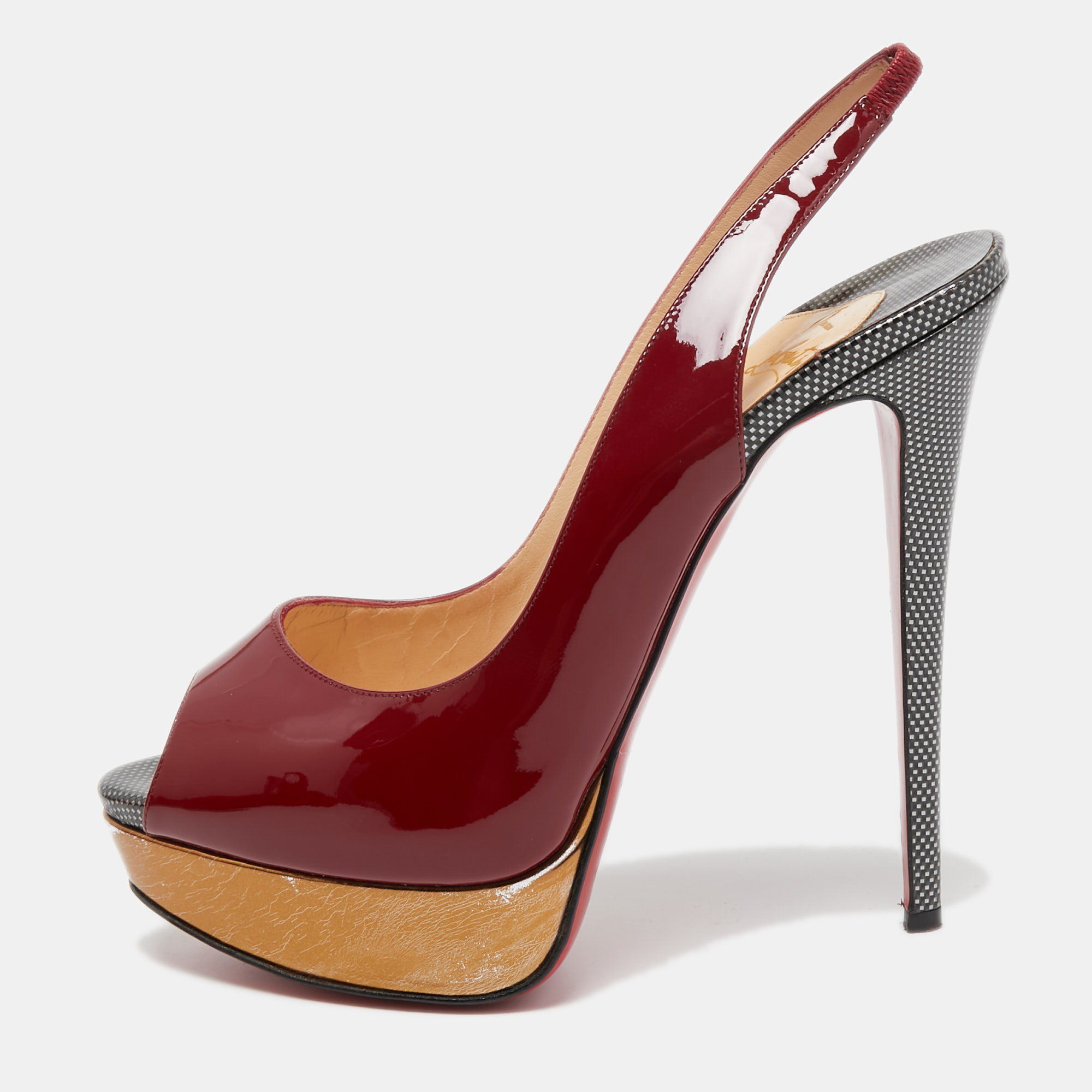 Pre-owned Christian Louboutin Burgundy Patent Leather Lady Peep Slingback Pumps Size 40