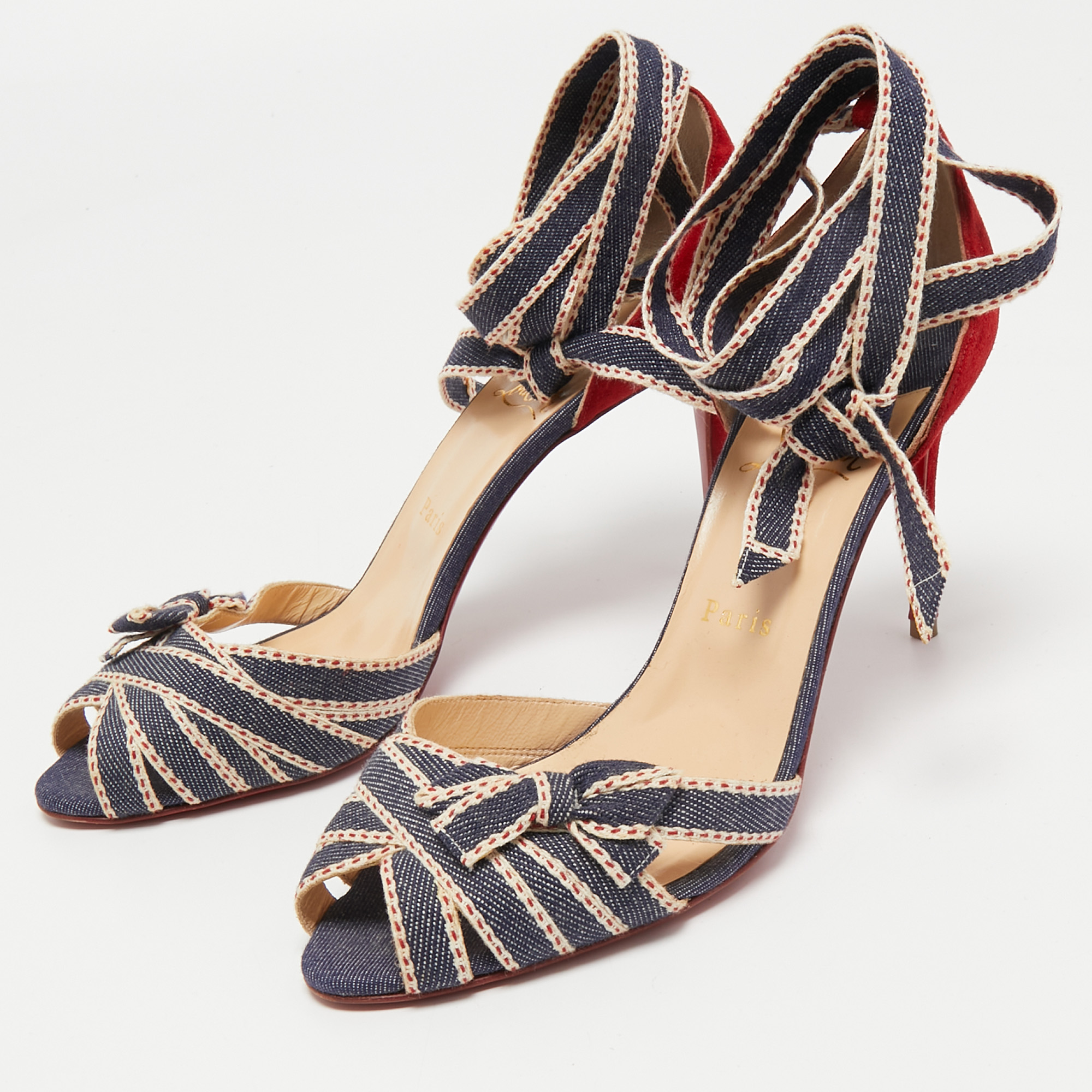 

Christian Louboutin Red/Blue Suede and Denim Christeriva Sandals Size