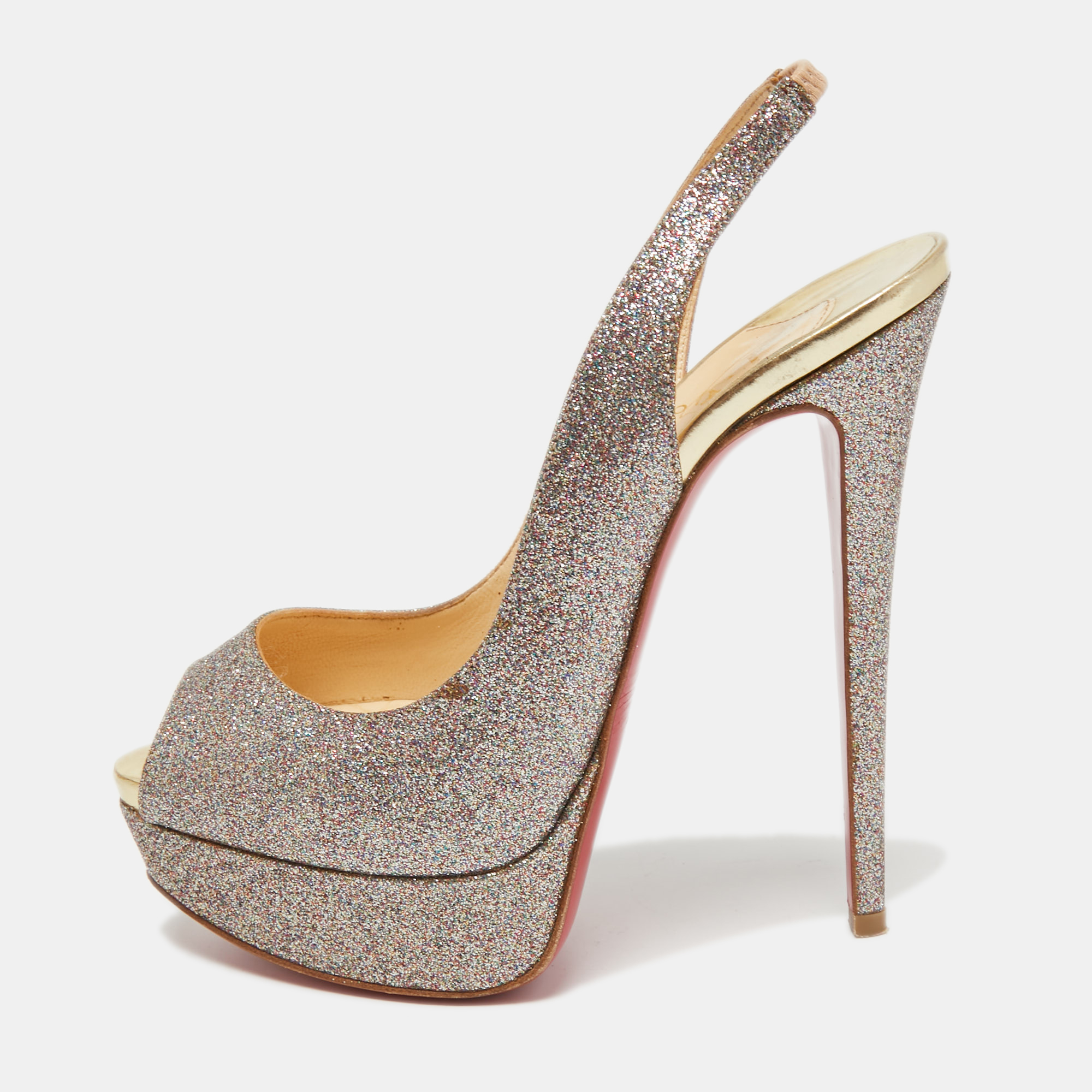 Pre-owned Christian Louboutin Multicolor Glitter Lady Peep Slingback Pumps Size 36.5