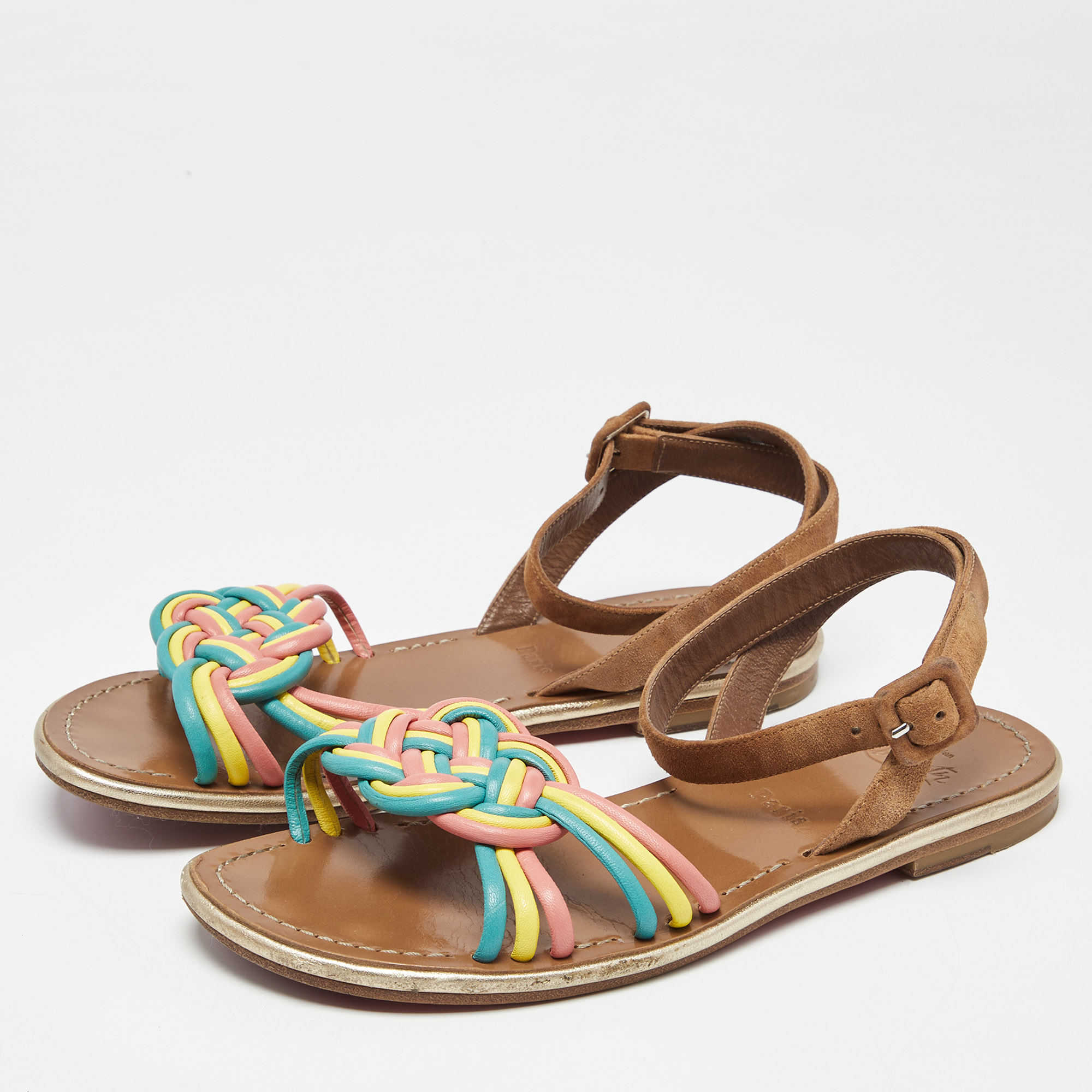 

Christian Louboutin Multicolor Braided Leather and Suede Ella Flat Sandals Size, Brown