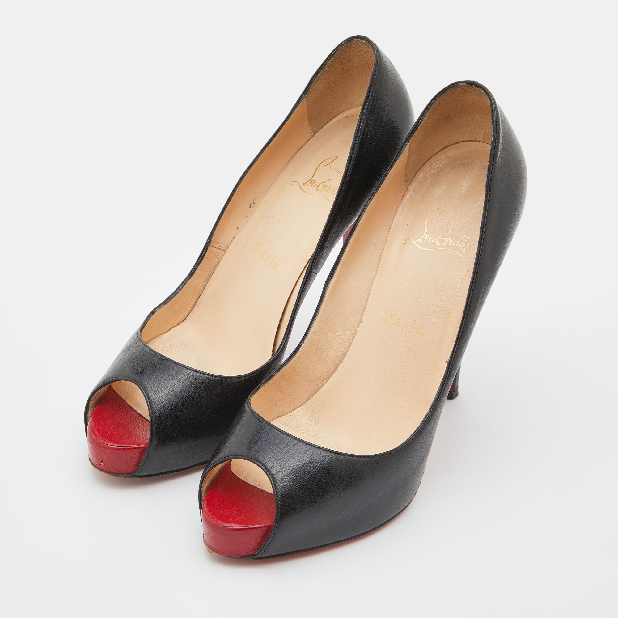 

Christian Louboutin Black Leather New Very Prive Peep Toe Pumps Size