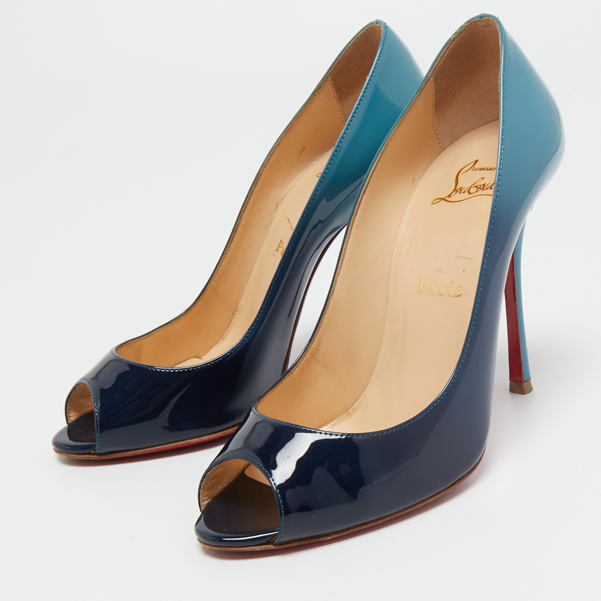 

Christian Louboutin Two Tone Patent Leather Yootish Peep Toe Pumps Size, Blue