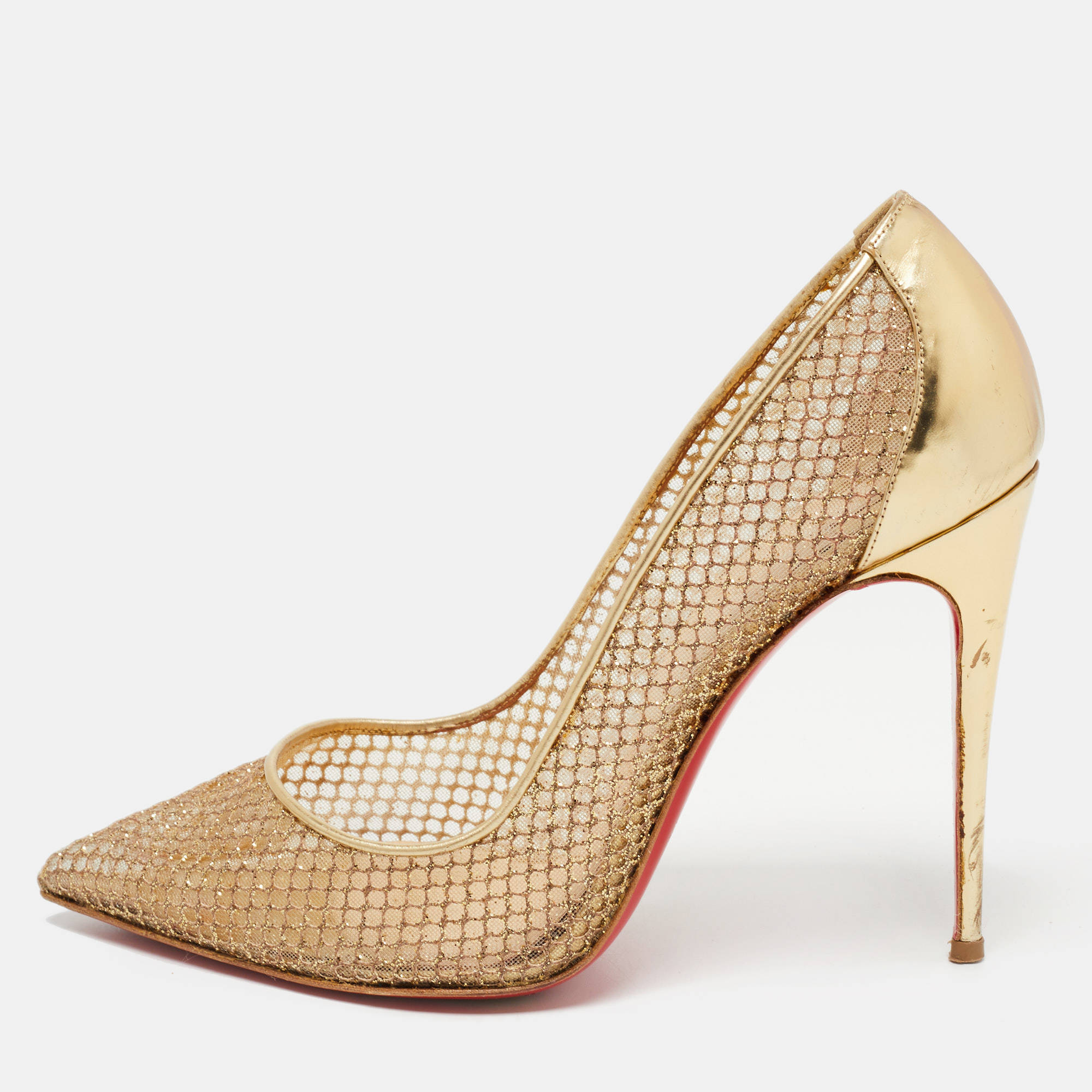 Pre-owned Christian Louboutin Gold Leather And Mesh Follies Resille Pumps Size 38
