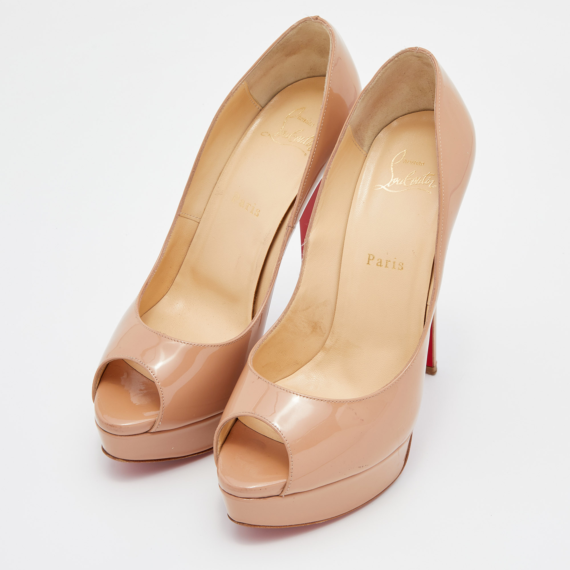

Christian Louboutin Beige Patent Leather Lady Peep Toe Platform Pumps Size