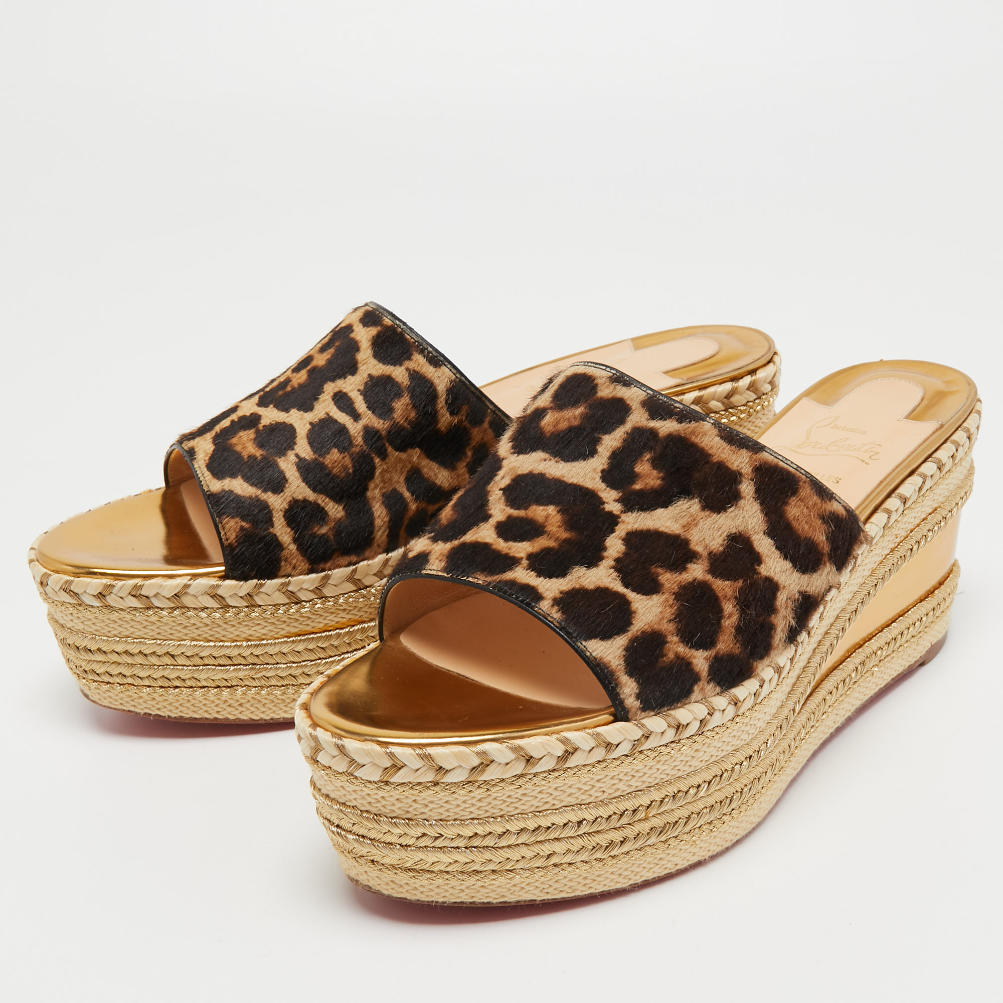 

Christian Louboutin Brown/Beige Calf Hair Myriama Leopard Wedges Sandals Size