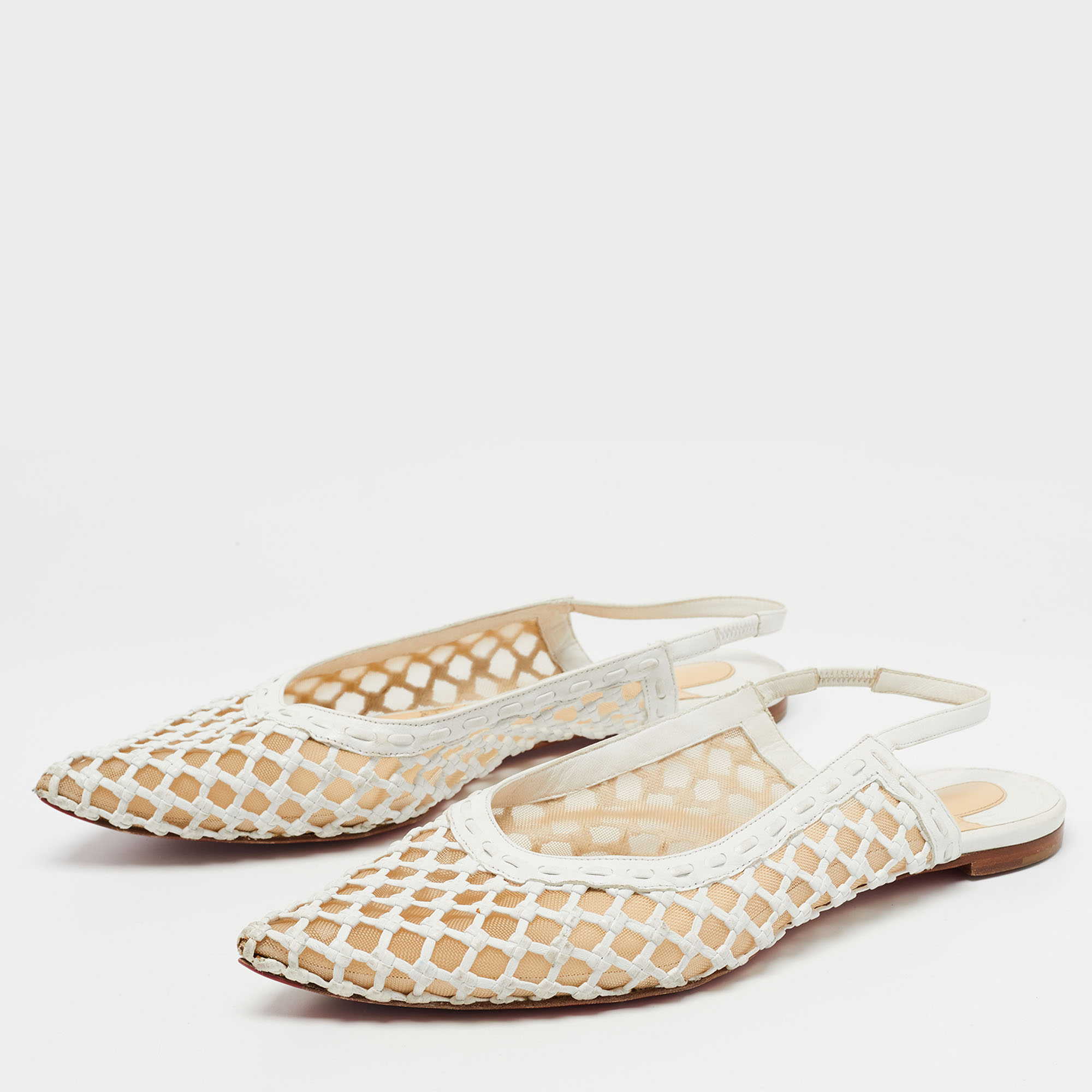 

Christian Louboutin White Woven Leather and Mesh Cage Slingback Flats Size