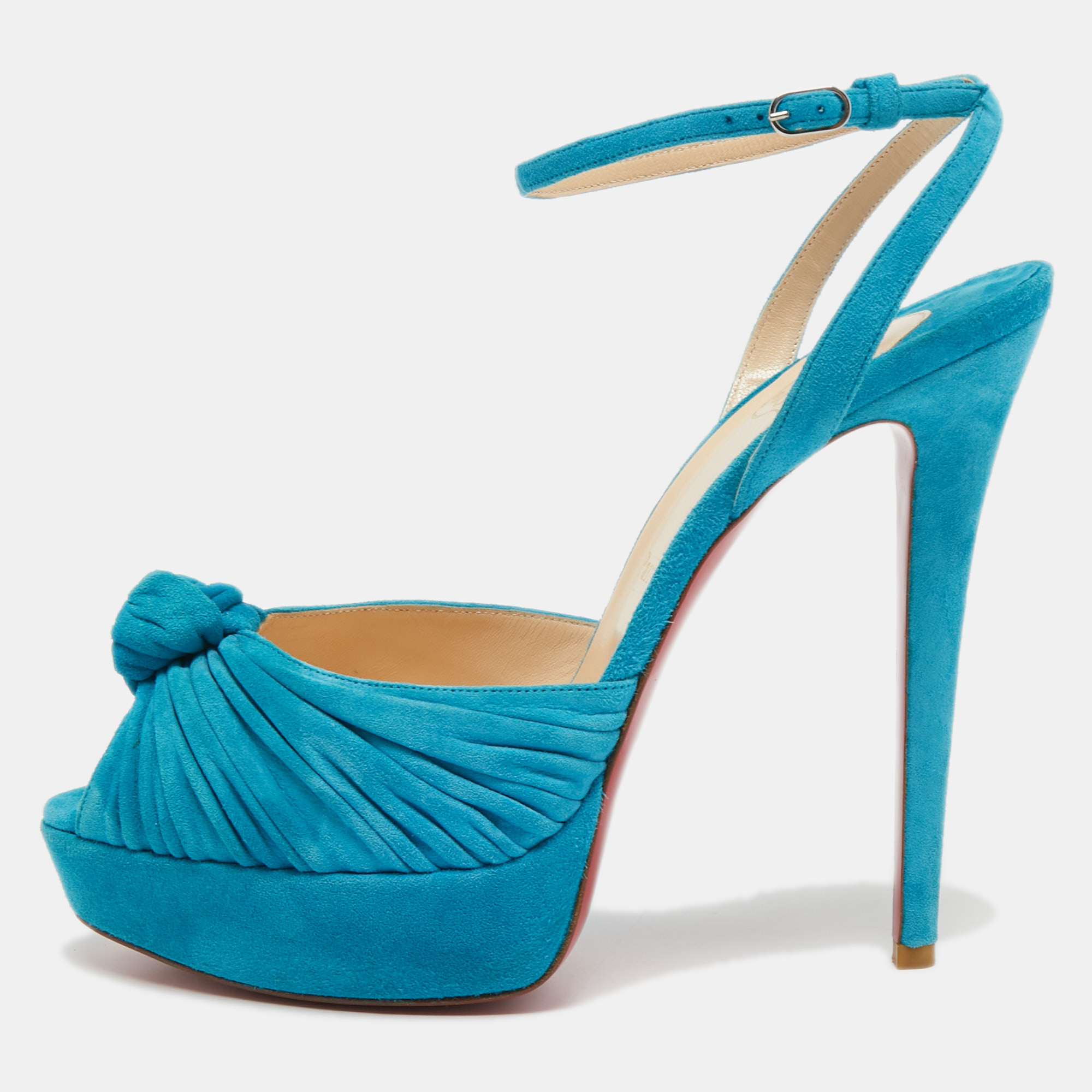 Pre-owned Christian Louboutin Blue Knotted Suede Greissimo Ankle Strap Sandals Size 40.5