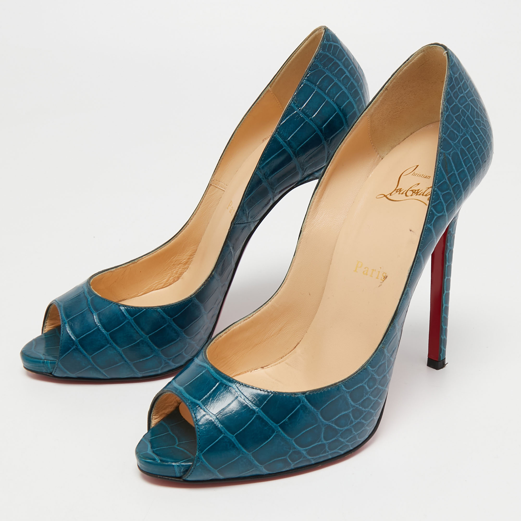 

Christian Louboutin Dark Teal Croc Embossed Leather Flo Pumps Size, Green