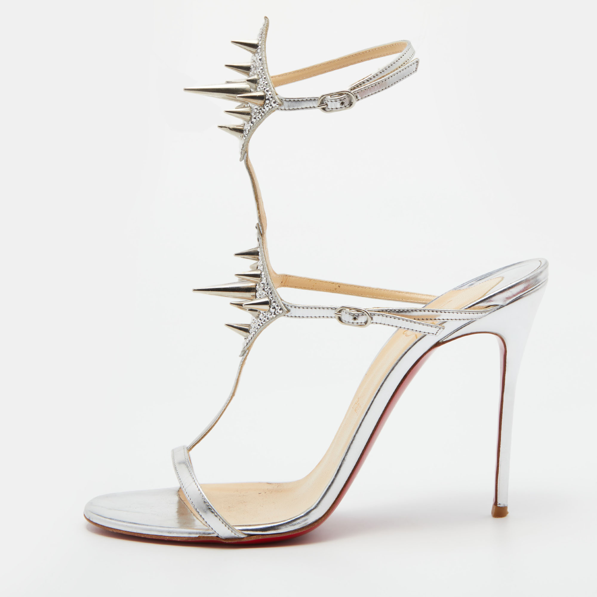 Pre-owned Christian Louboutin Silver Leather Lady Max Spike Ankle Strap Sandals Size 39.5