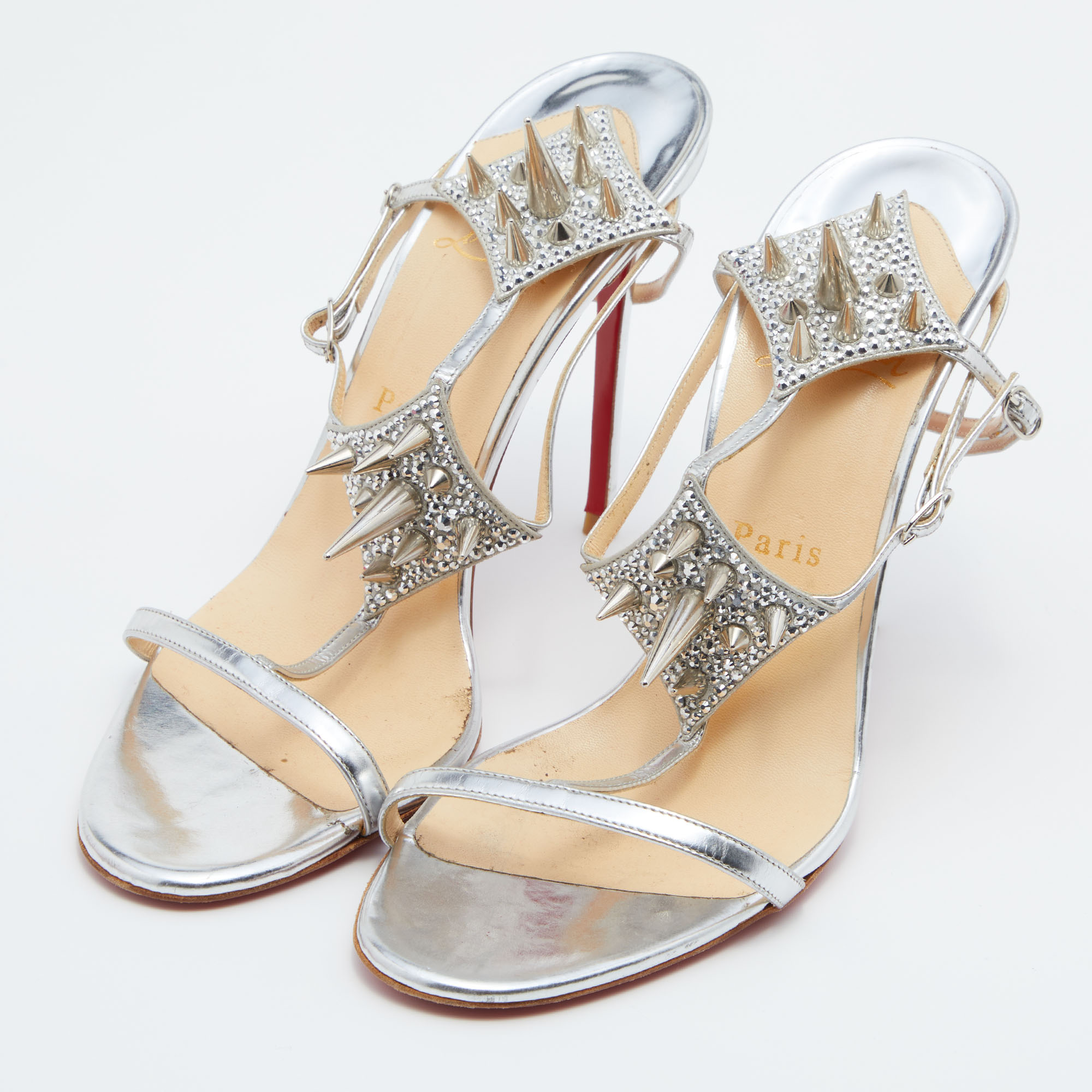 

Christian Louboutin Silver Leather Lady Max Spike Ankle Strap Sandals Size