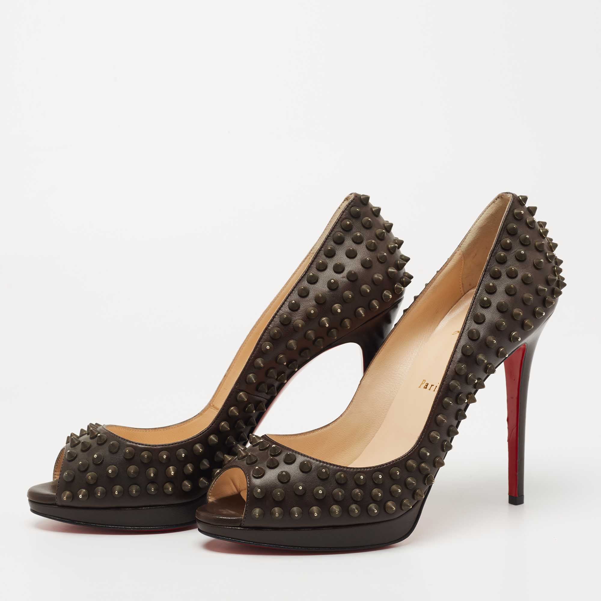 

Christian Louboutin Dark Brown Leather Yolanda Spike Pumps Size