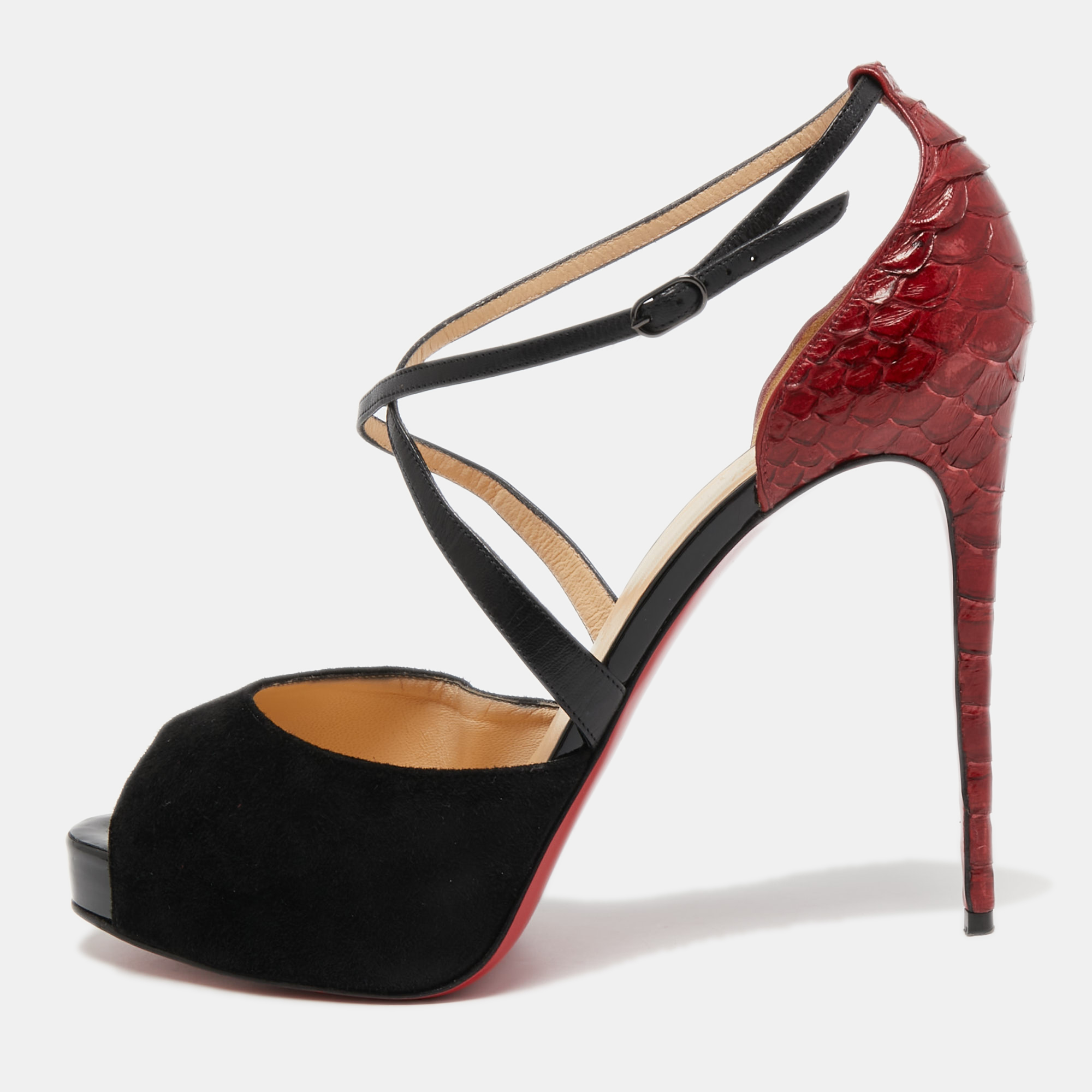 

Christian Louboutin Black/Dark Red Leather, Suede and Python Cross Me Sandals Size
