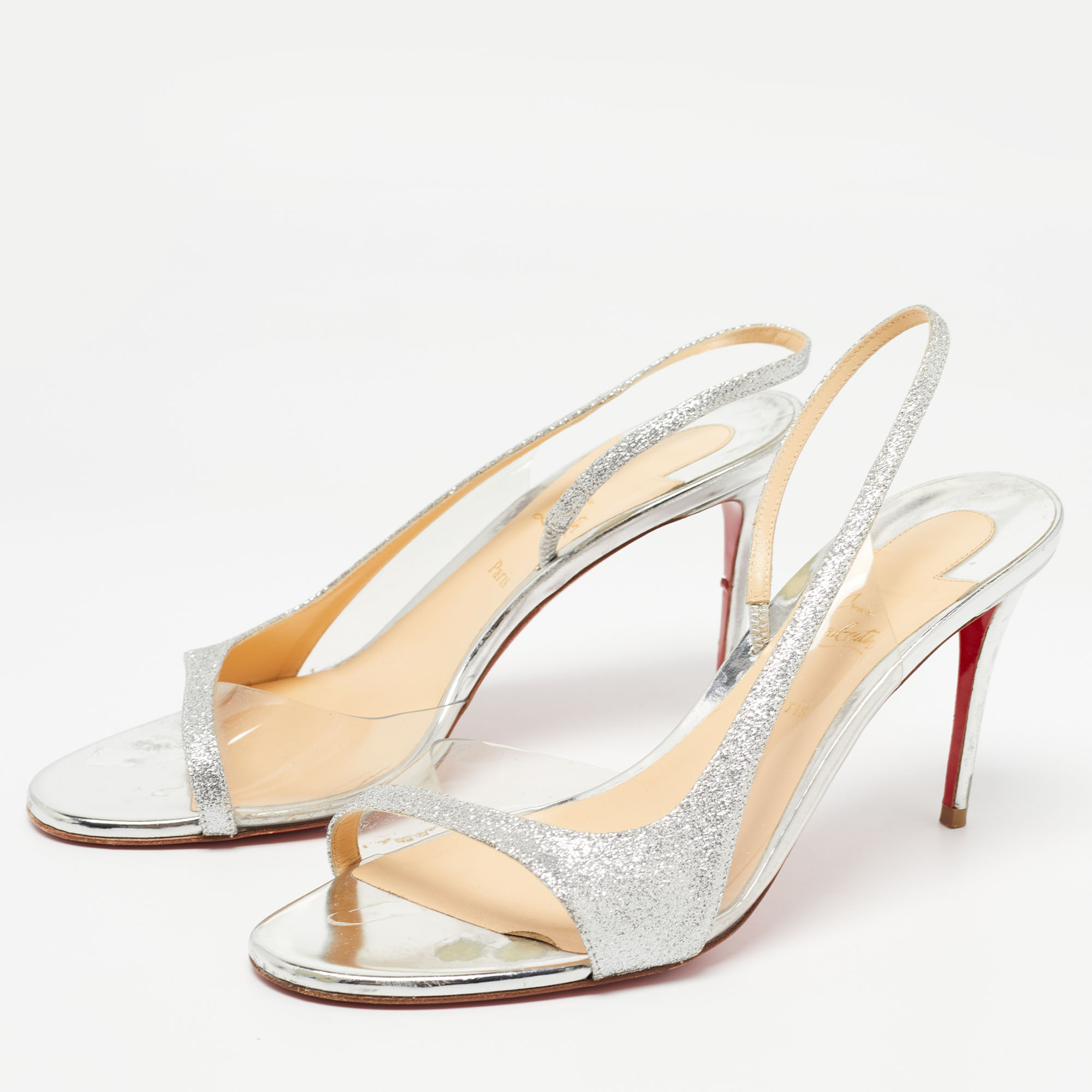 

Christian Louboutin Silver Glitter and PVC Optisling Slingback Sandals Size