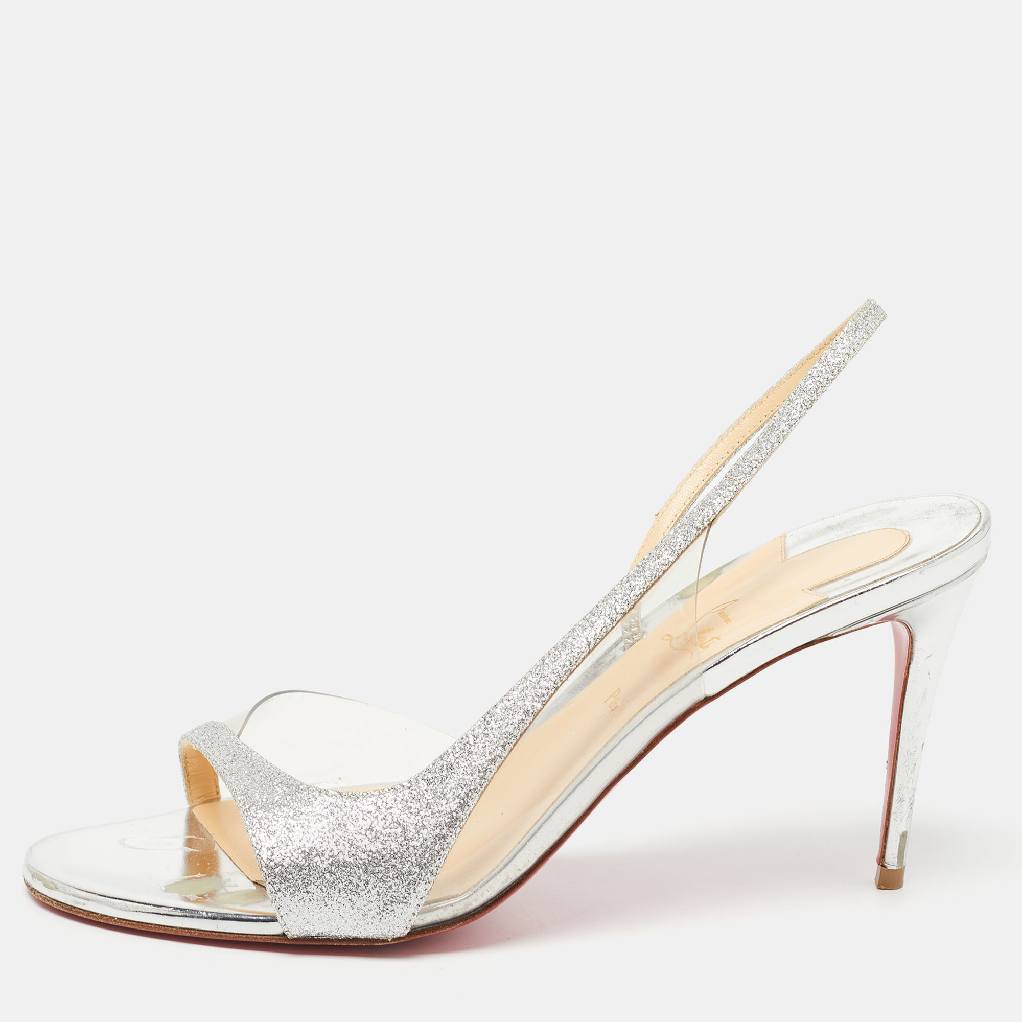 Pre-owned Christian Louboutin Silver Glitter And Pvc Optisling Slingback Sandals Size 40