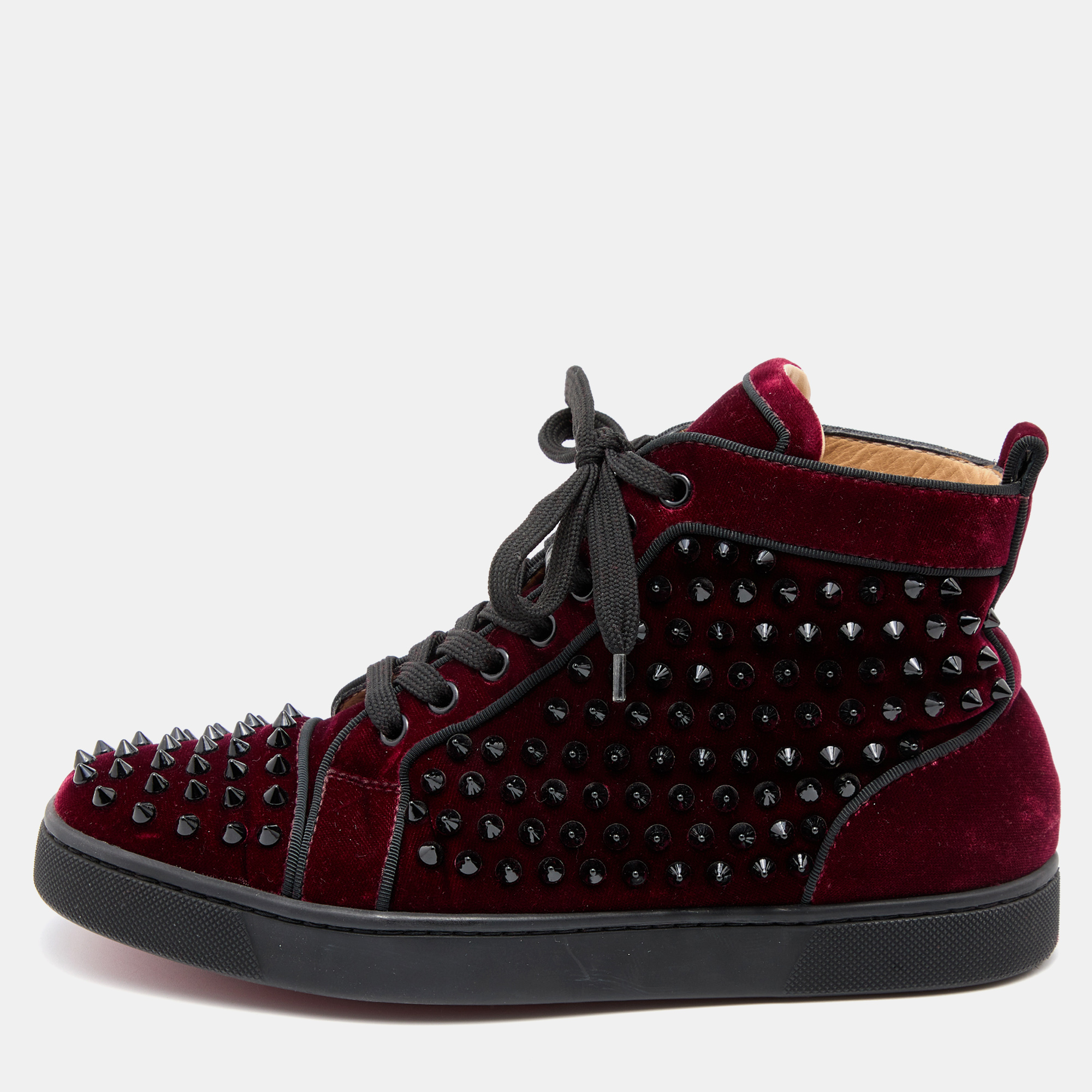 Pre-owned Christian Louboutin Burgundy Velvet Louis Junior Spikes High Top Sneakers Size 39.5