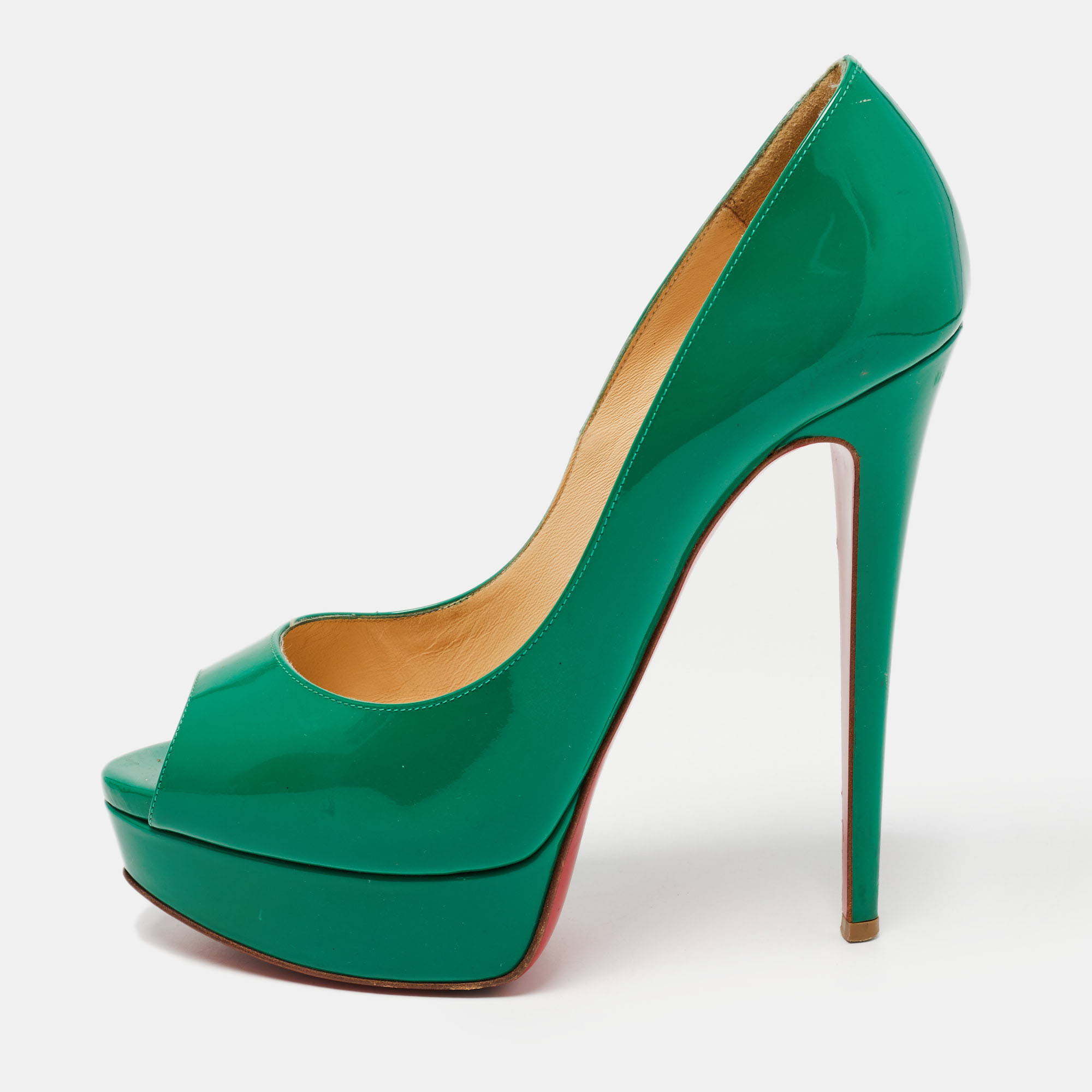 Pre-owned Christian Louboutin Green Patent Leather Lady Peep Pumps Size 38