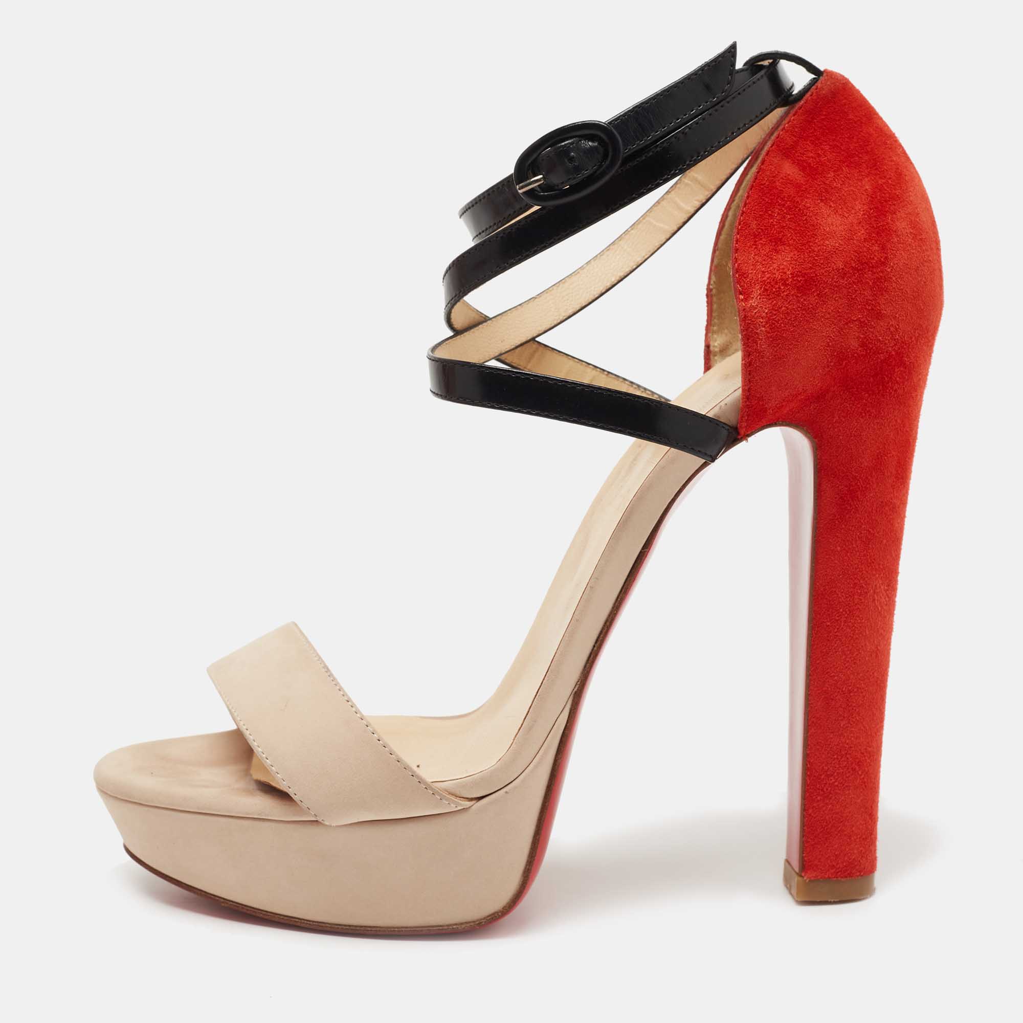 Pre-owned Christian Louboutin Tricolor Nubuck Leather And Suede Summerissima Sandals Size 38.5 In Red