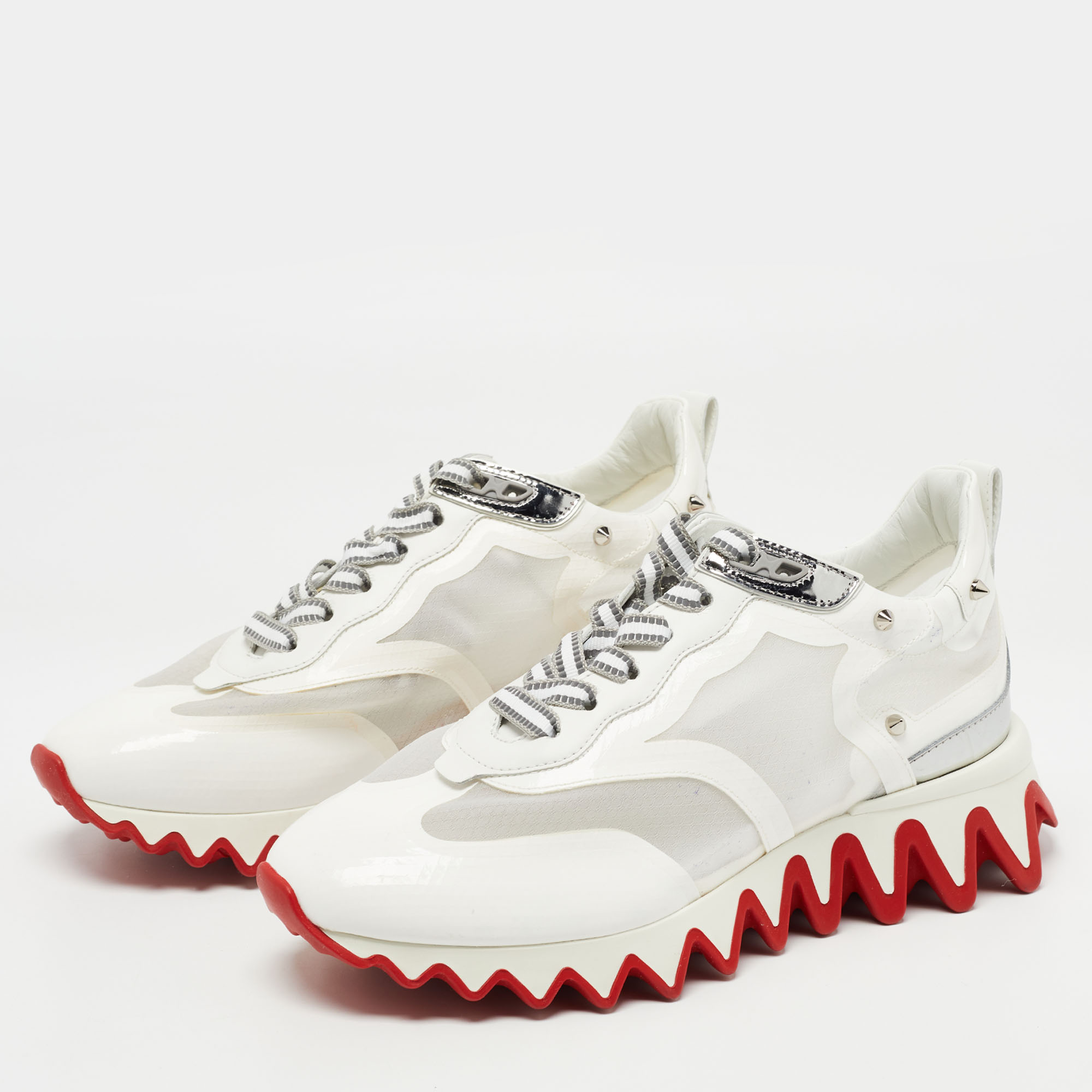 

Christian Louboutin White/Silver Patent and Mesh Loubi Shark Sneakers Size