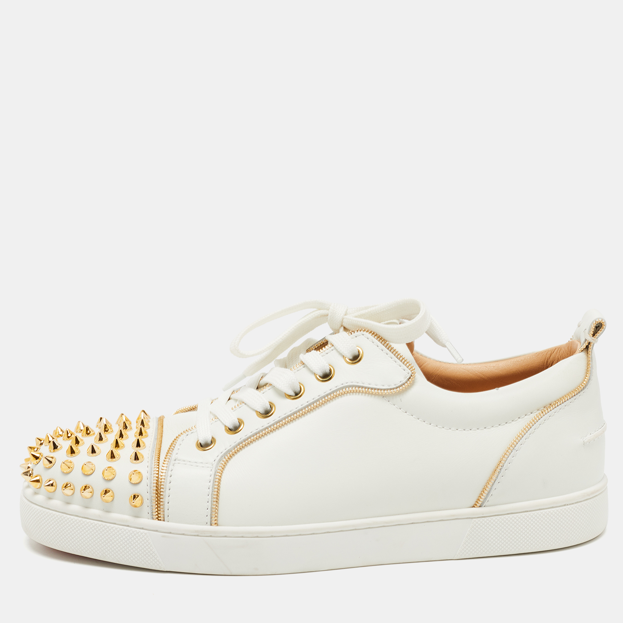 Pre-owned Christian Louboutin White Leather Vieira 2 Spike Low Top Sneakers Size 40