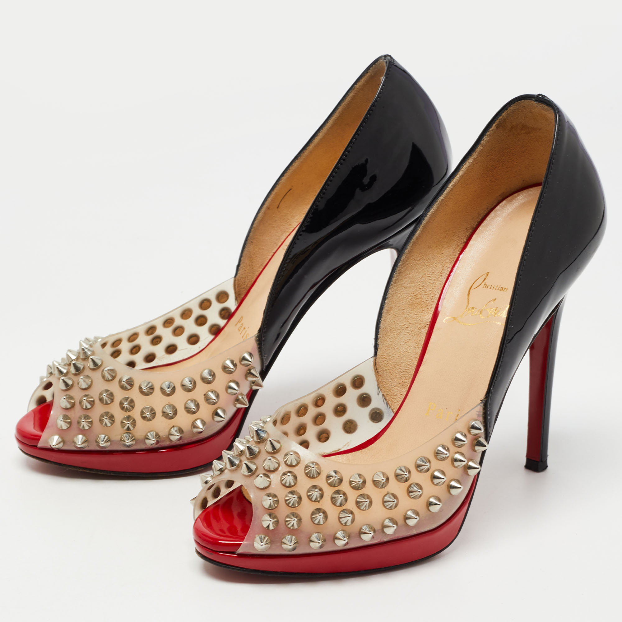 

Christian Louboutin Black Paten and PVC Engin Spikes 120 Pumps Size